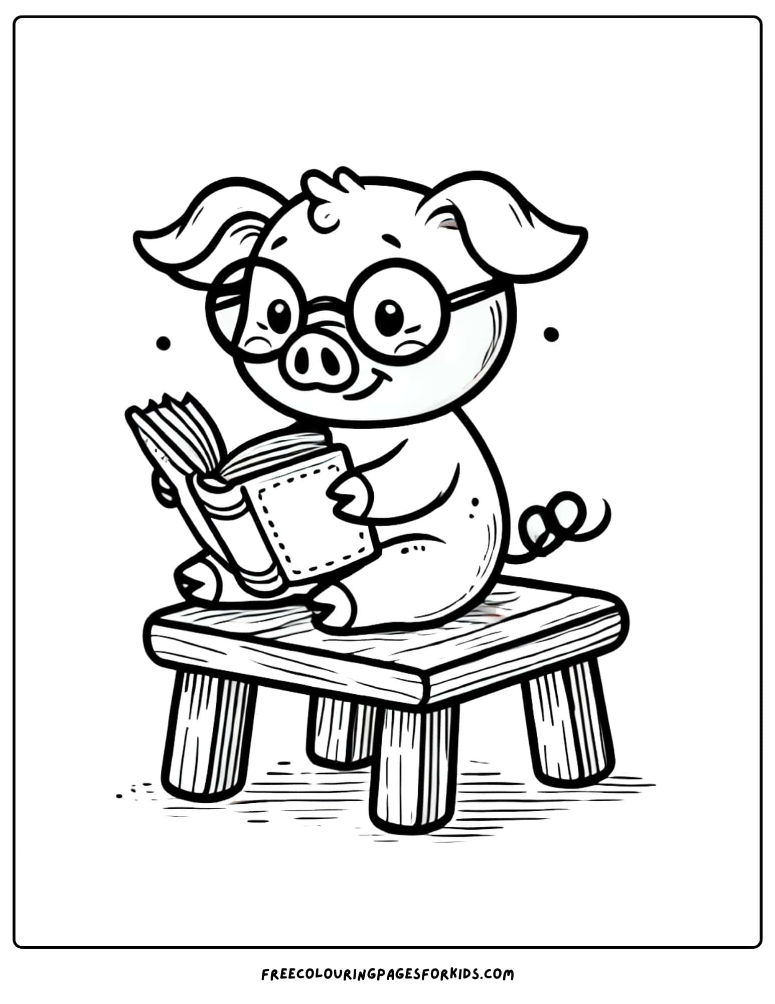 pig sitting on a stool reading a book coloring page