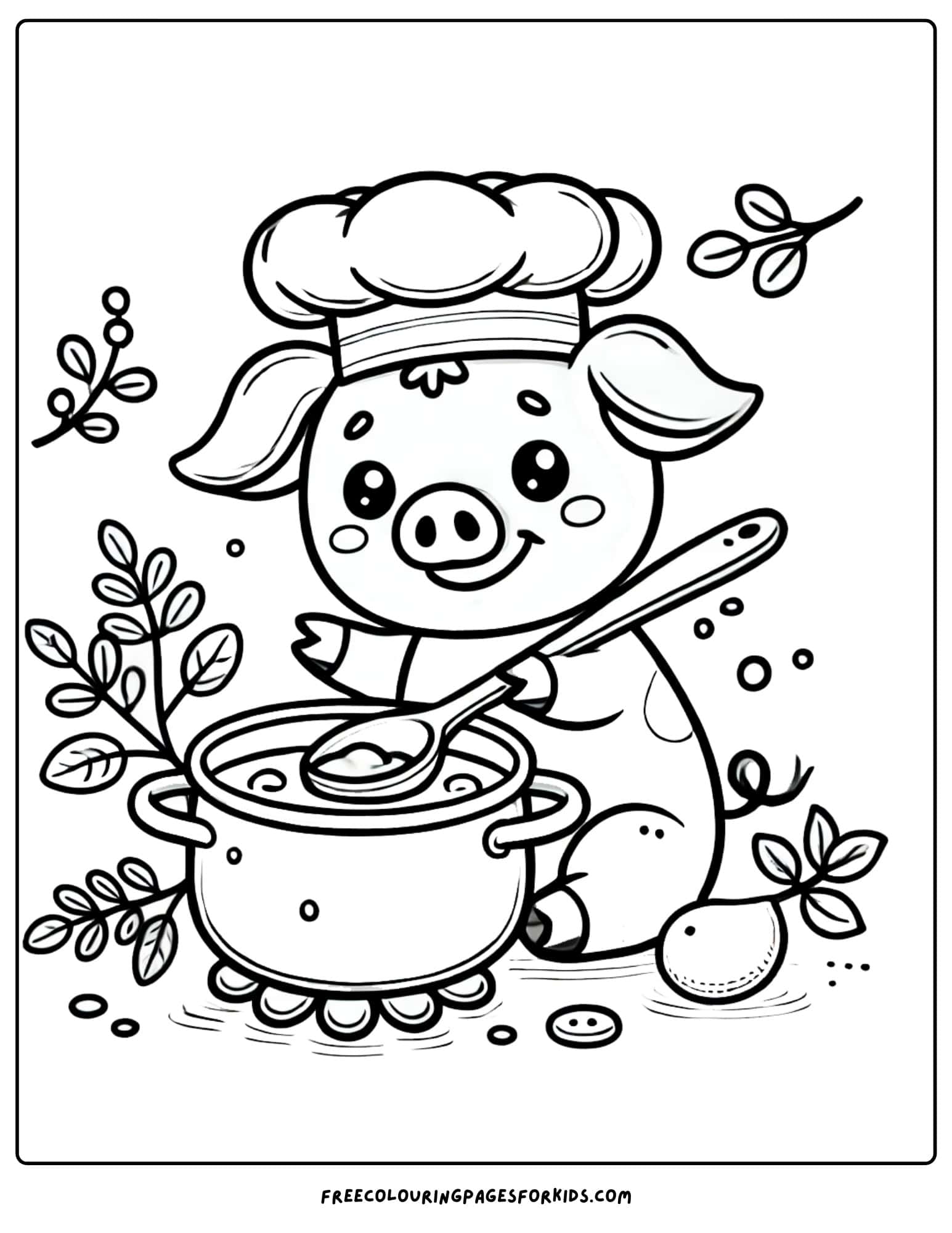 pig cooking up a meal as a chef coloring page