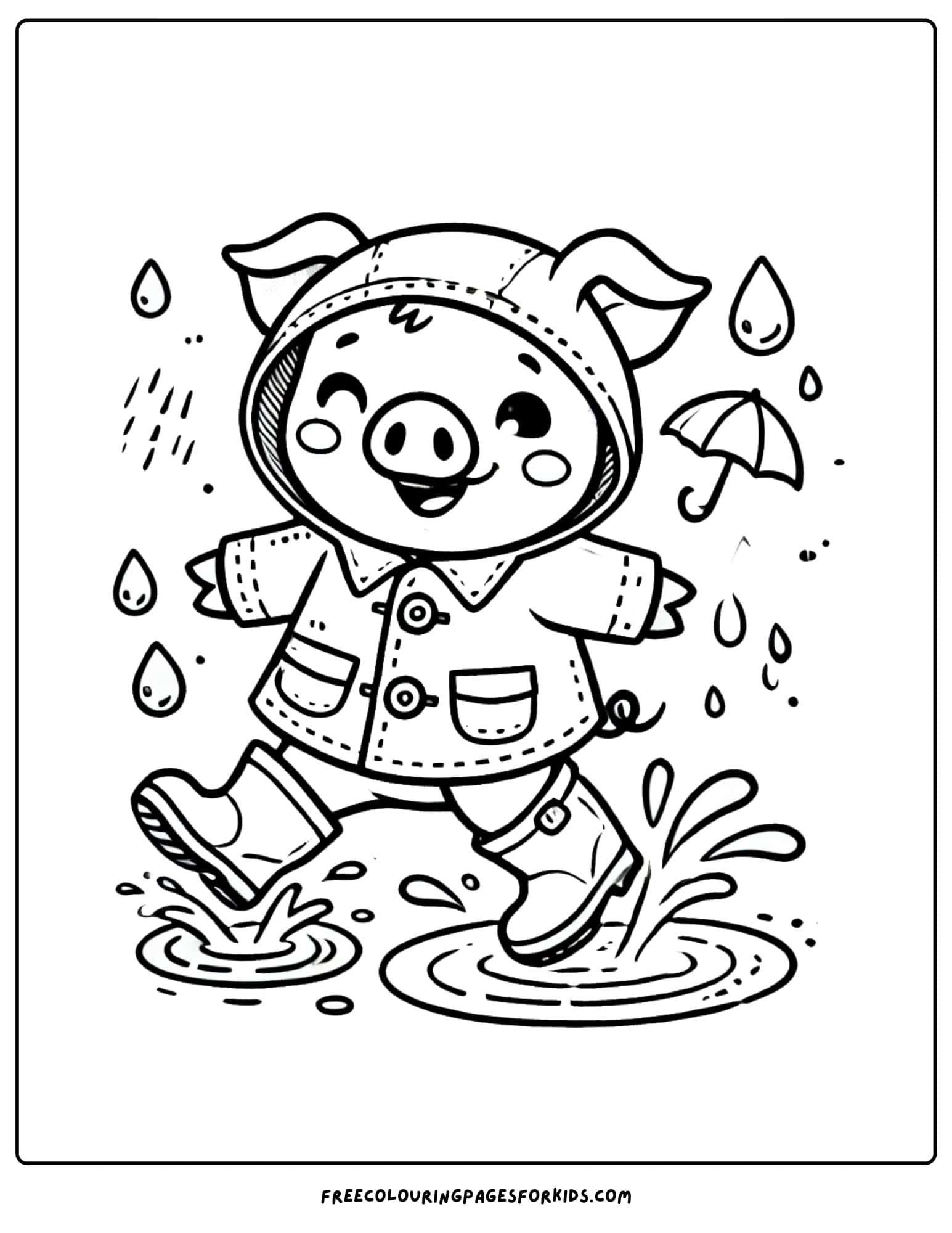 pig wearing a raincoat in the rain coloring page