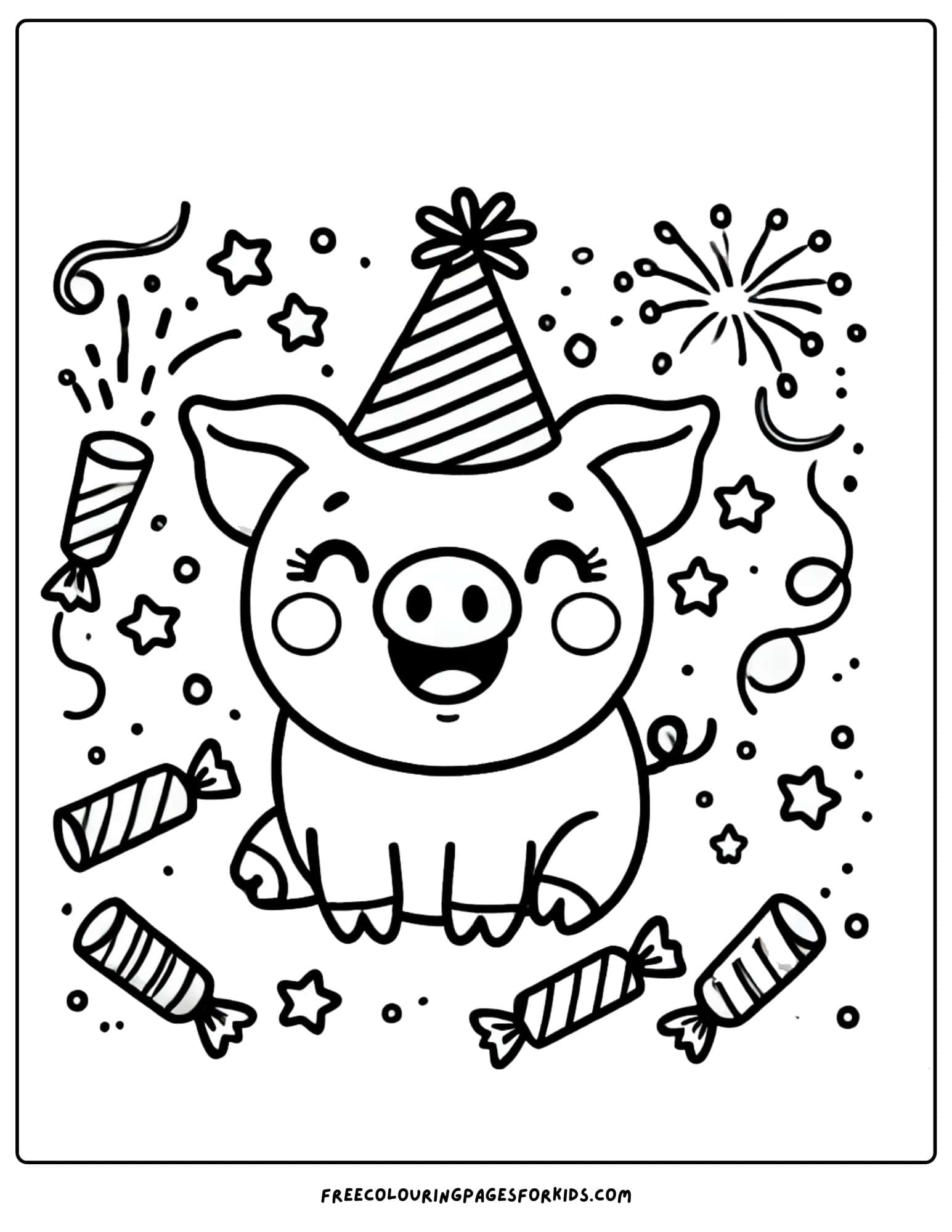 pig with a party hat and decorations coloring page