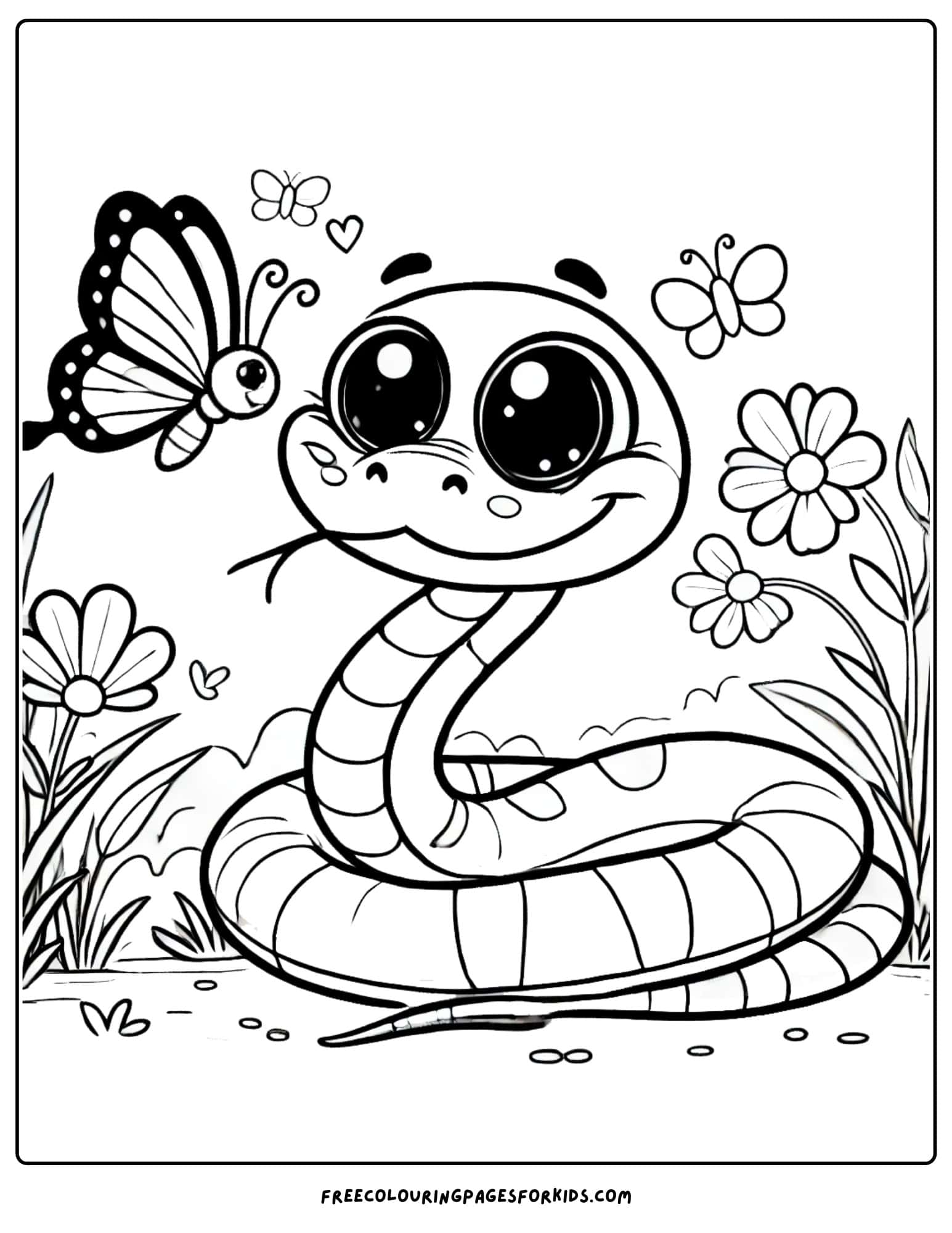 snake looking at a butterfly coloring page