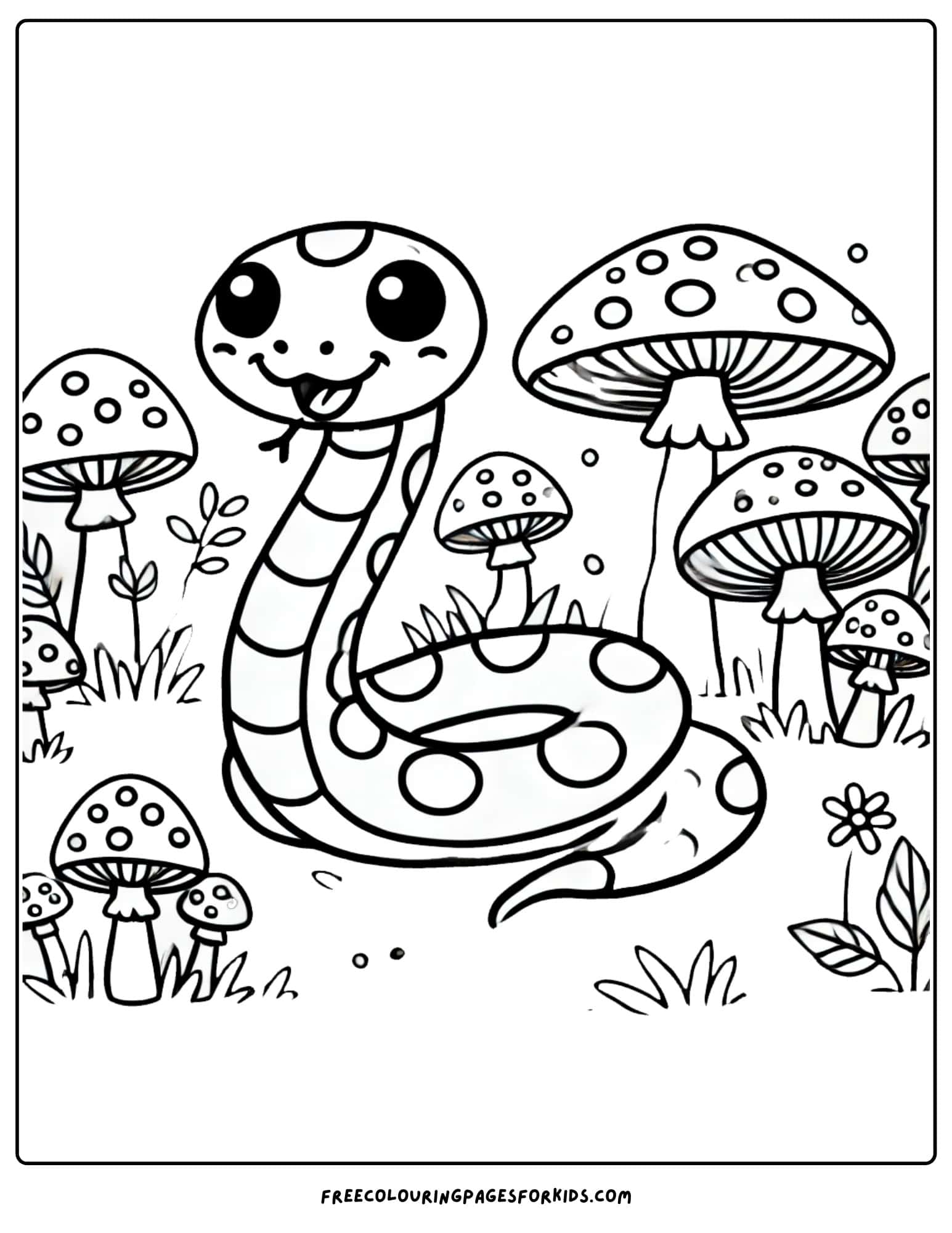 snake amongst some toadstools coloring page