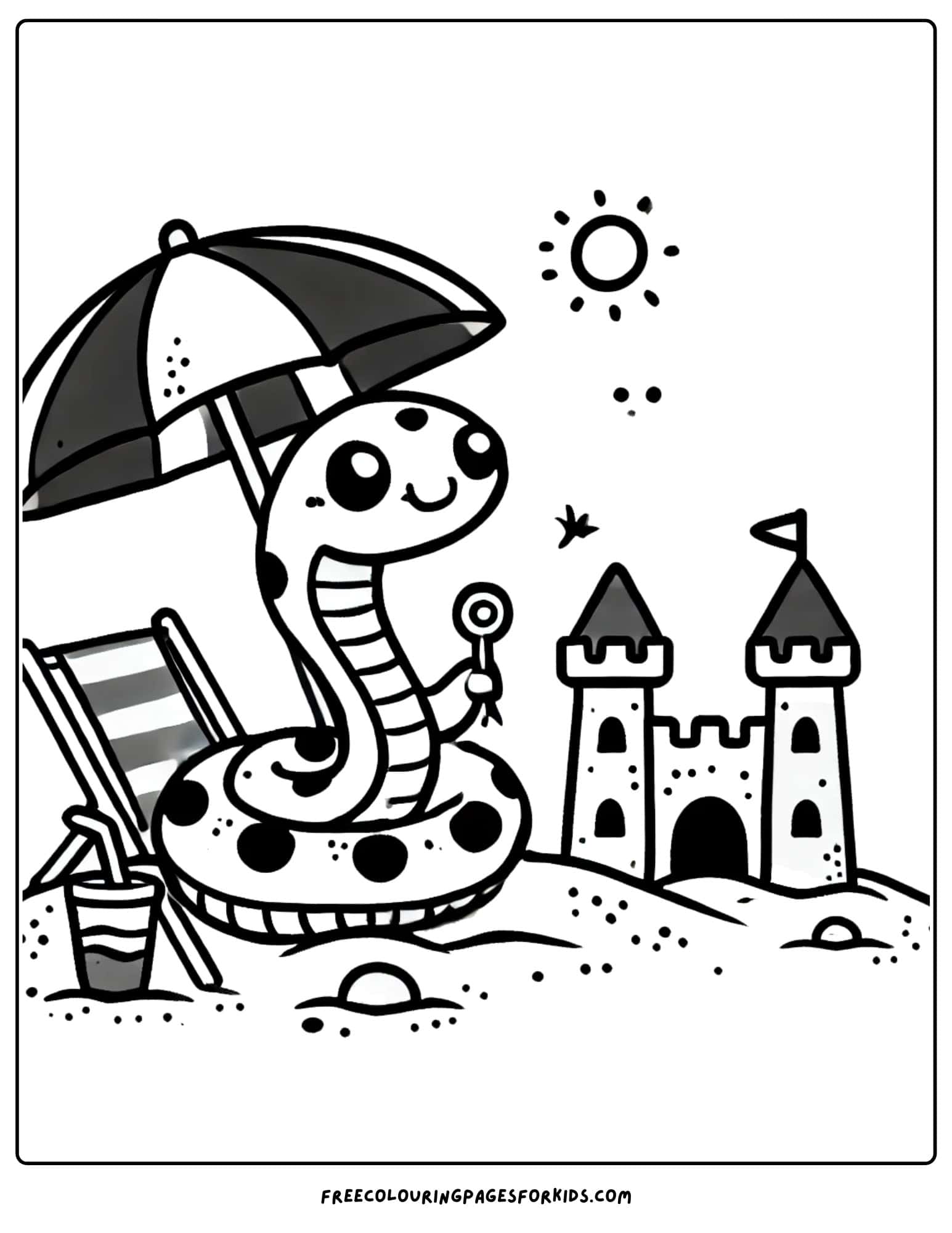 snake sitting under an umbrella at the beach coloring page