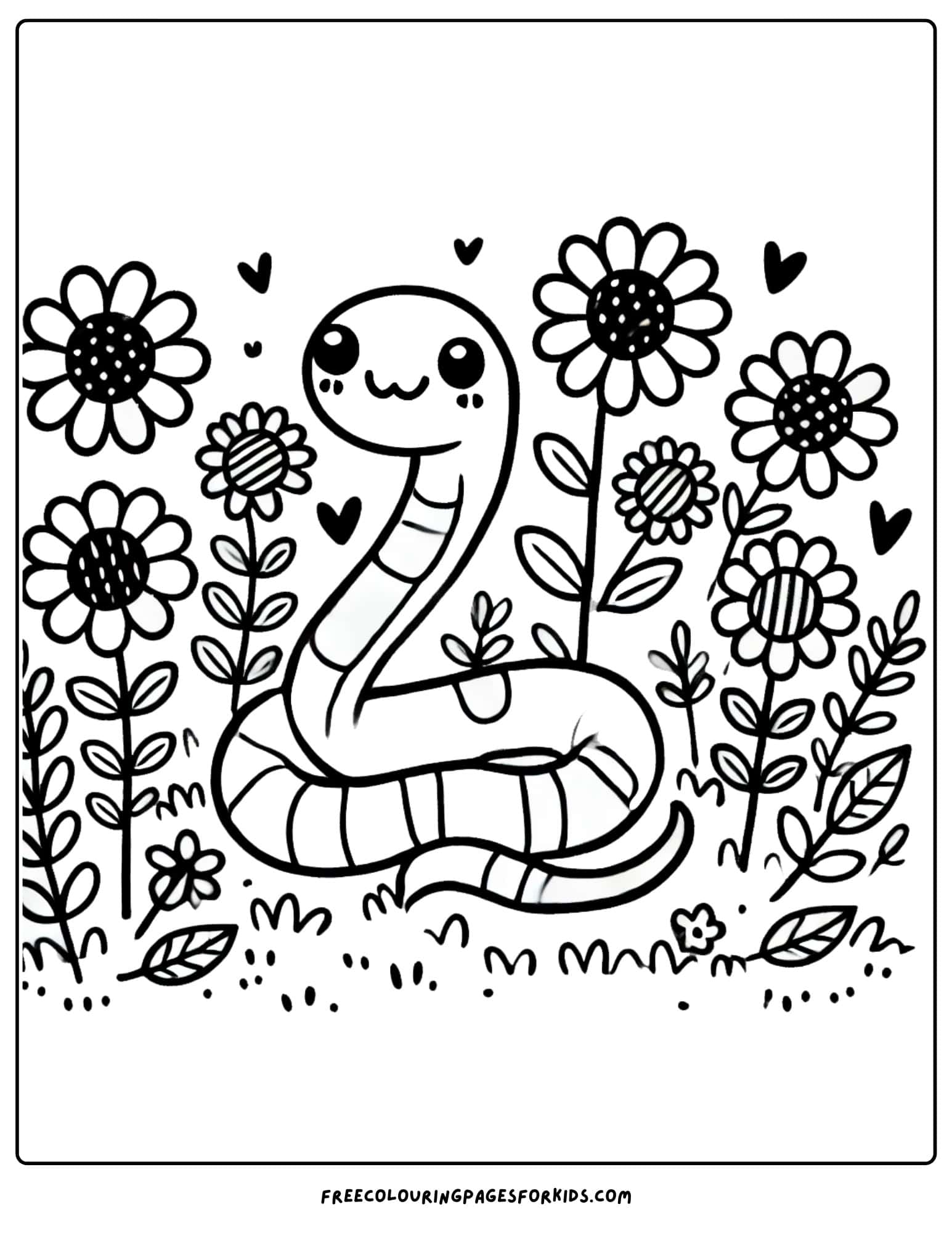 snake sitting in a flower garden coloring page