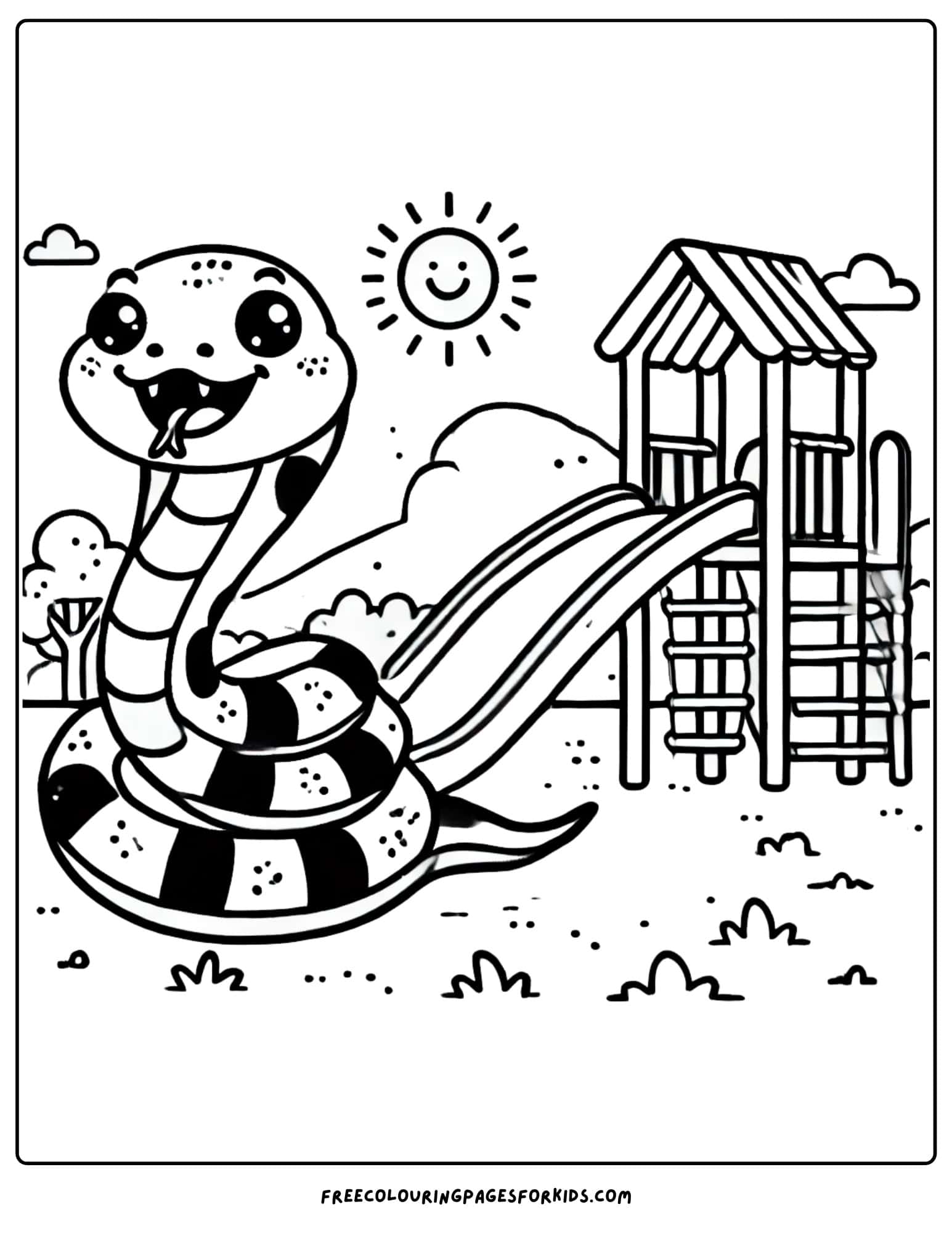 snake having fun going down a slide coloring page