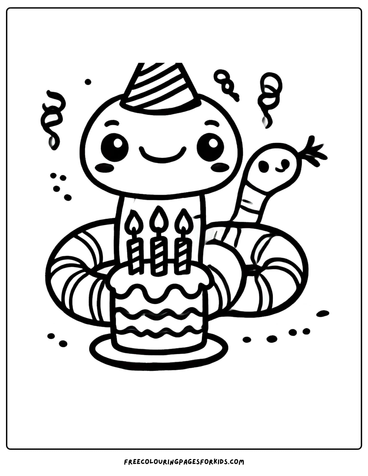 snake celebrating a birthday with a birthday cake coloring page