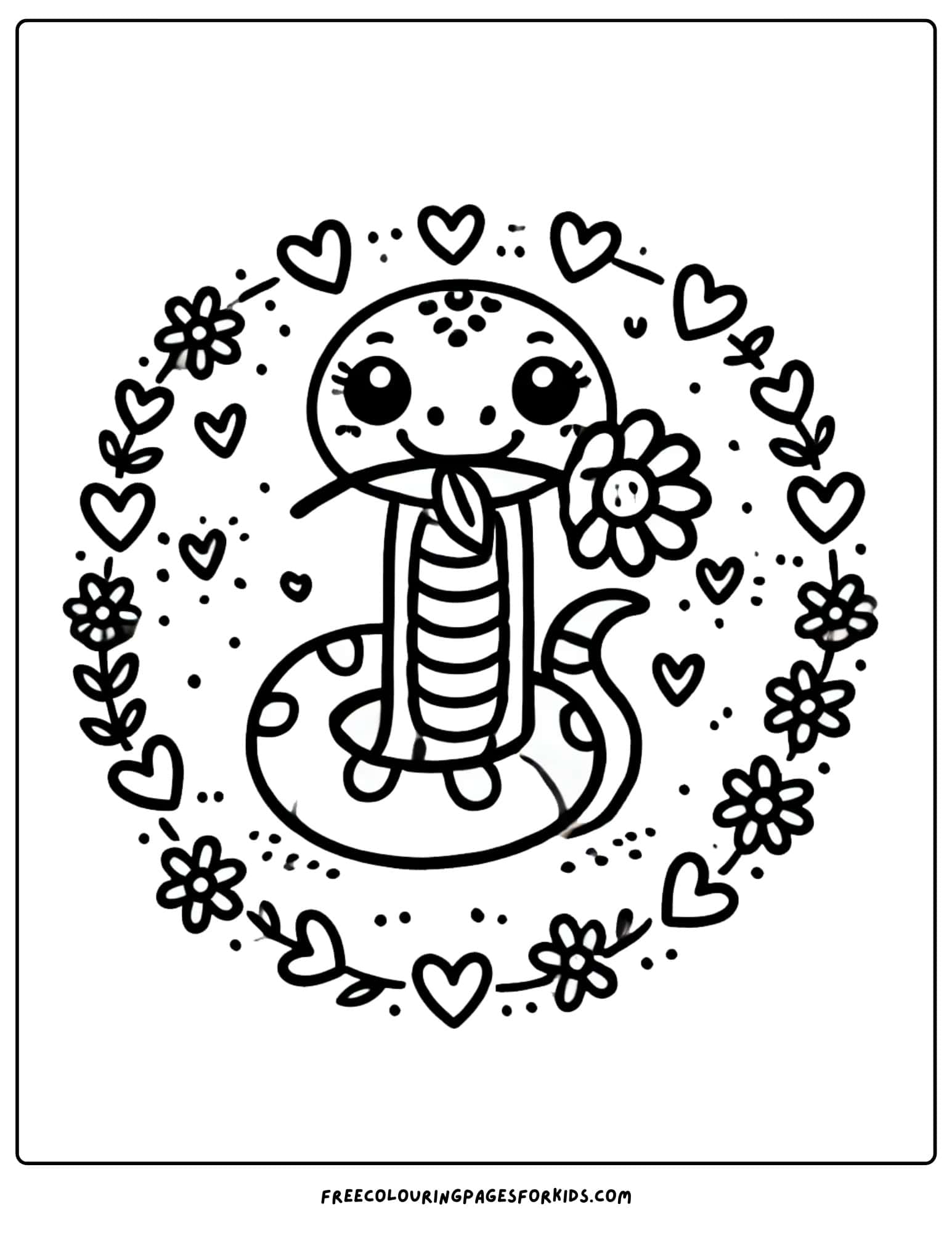 snake holding a flower in its mouth with other flowers around it coloring page