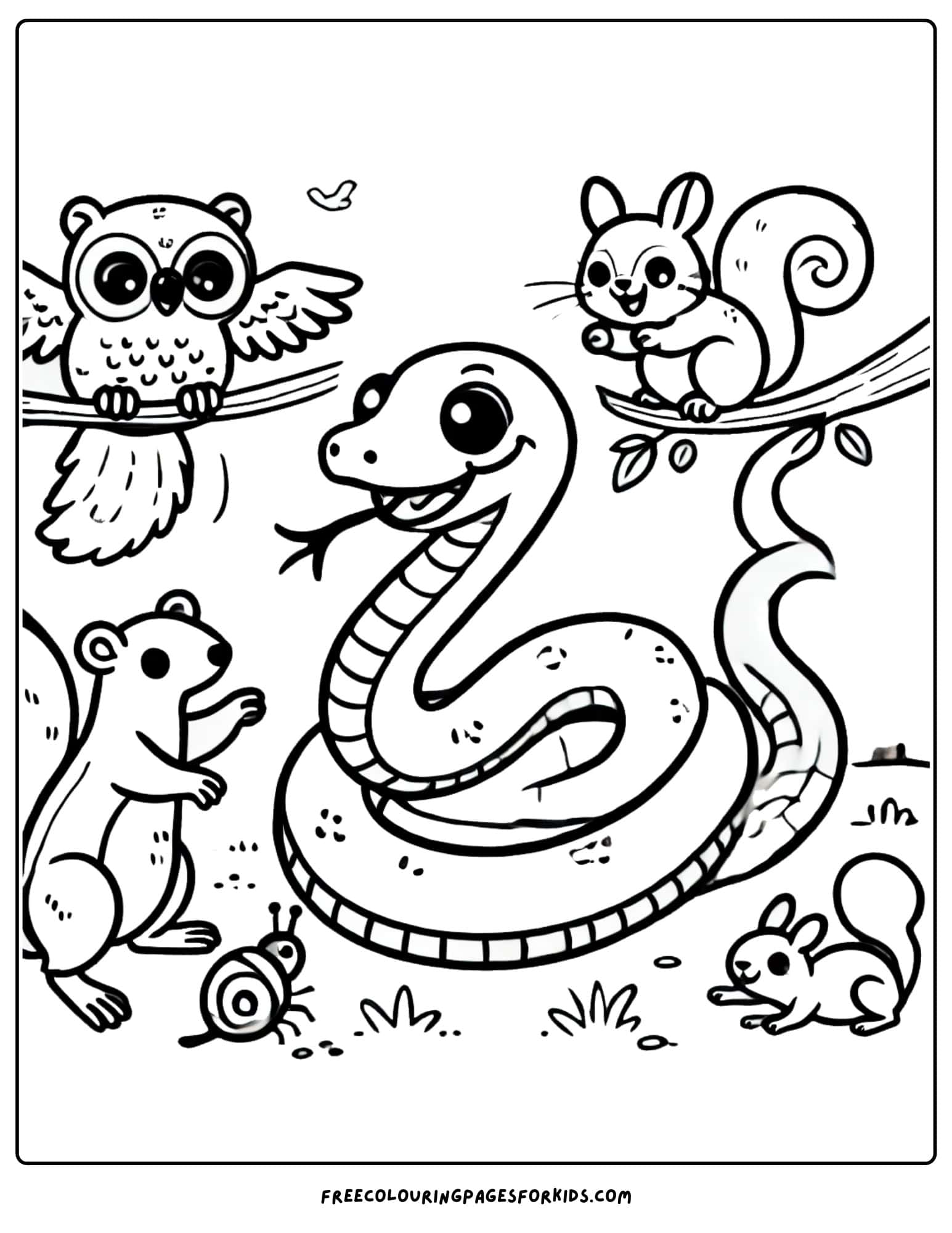 snake with some animals friends coloring page