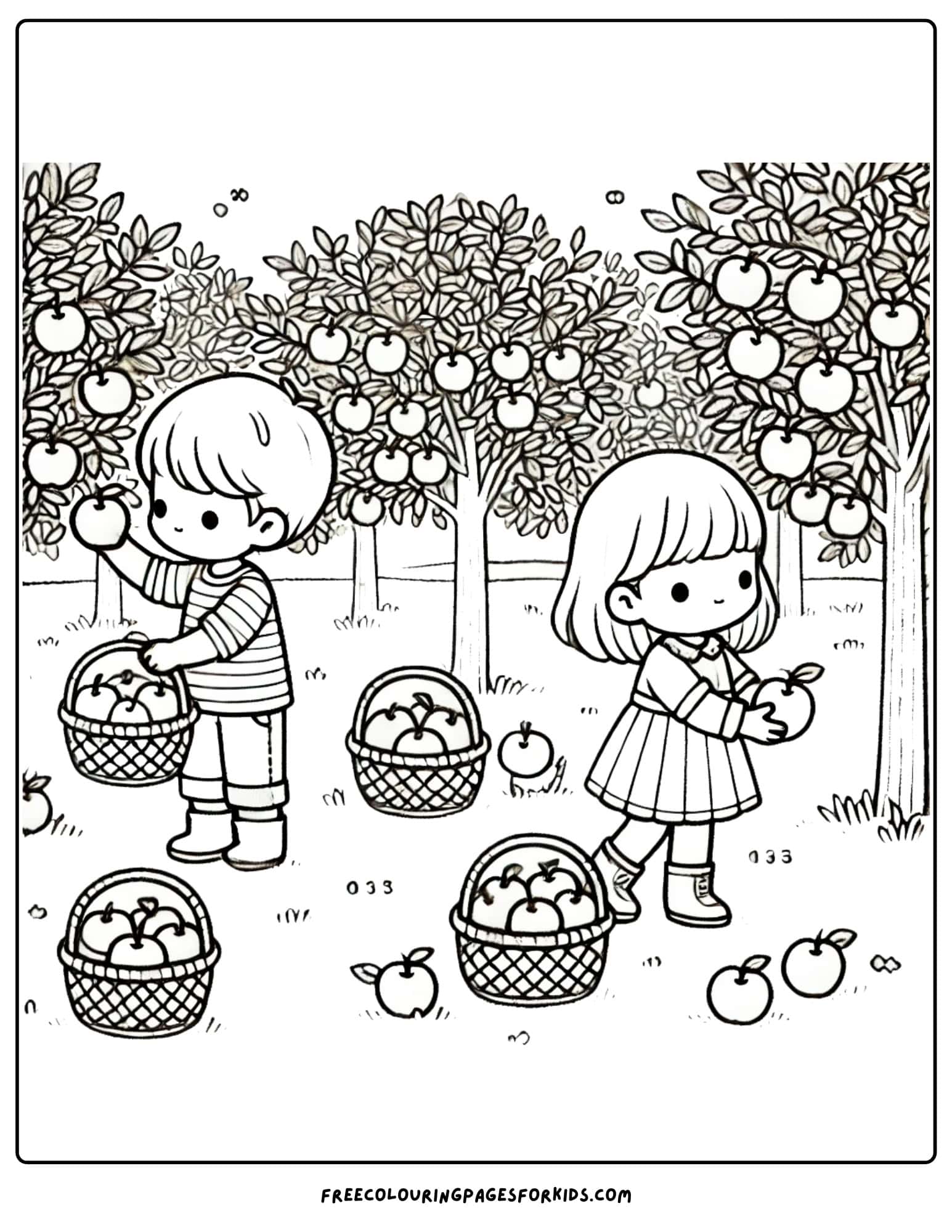 thanksgiving kids picking apples for harvest coloring page