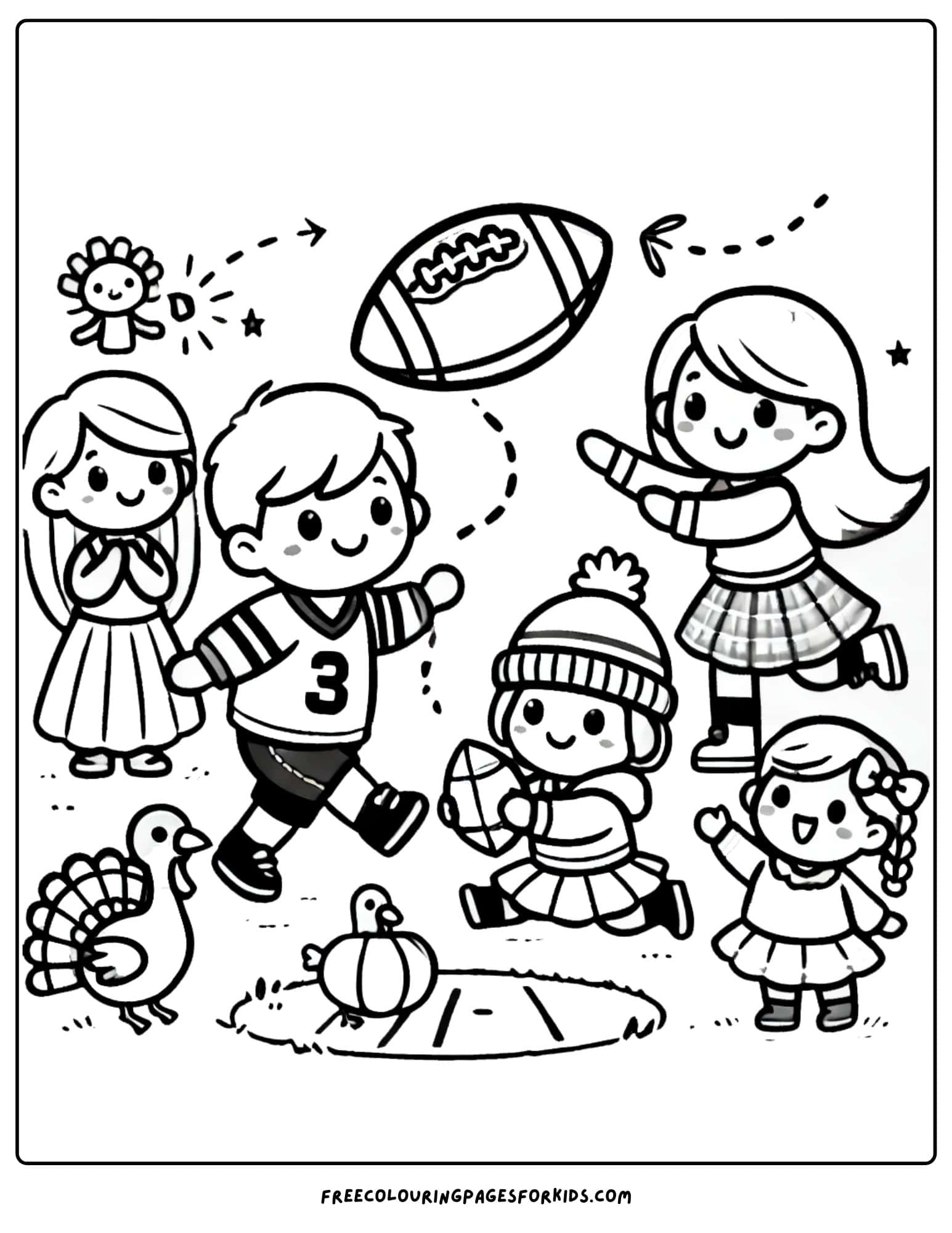 thanksgiving kids playing football coloring page