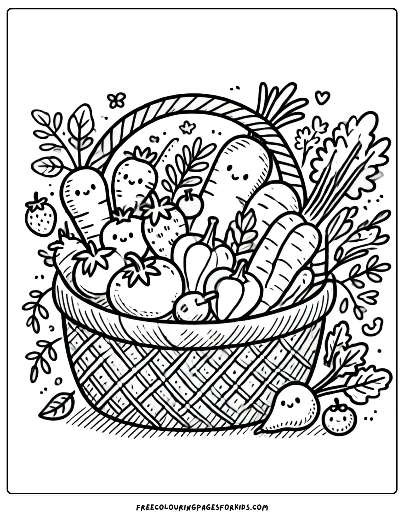 thanksgiving harvest basket of vegetables coloring page