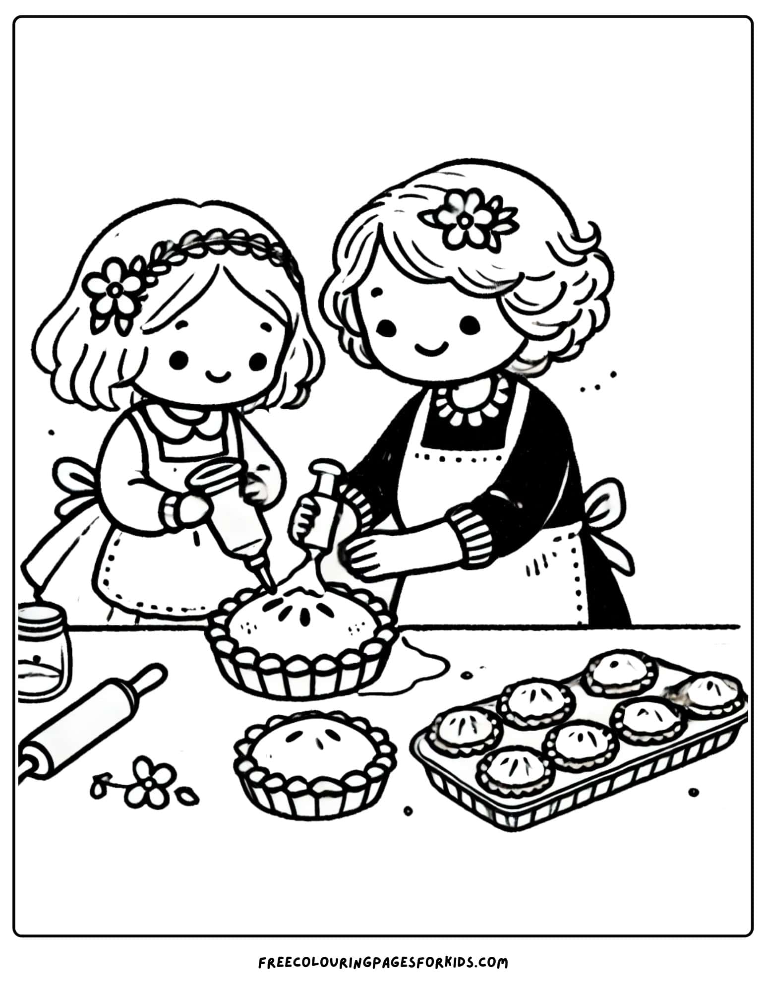 thanksgiving mother and daughter baking pie coloring page