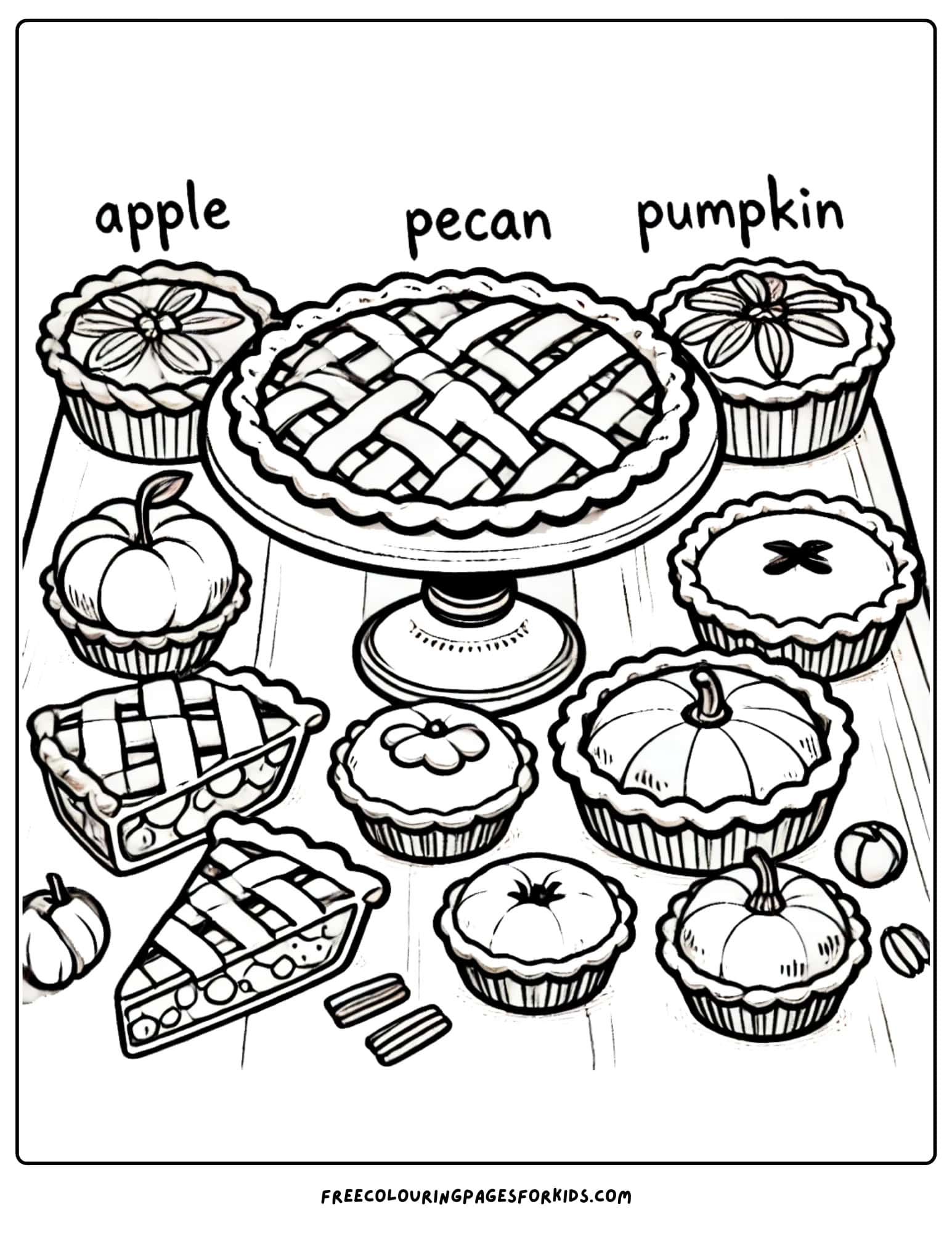 thanksgiving table of delicious pies coloring page