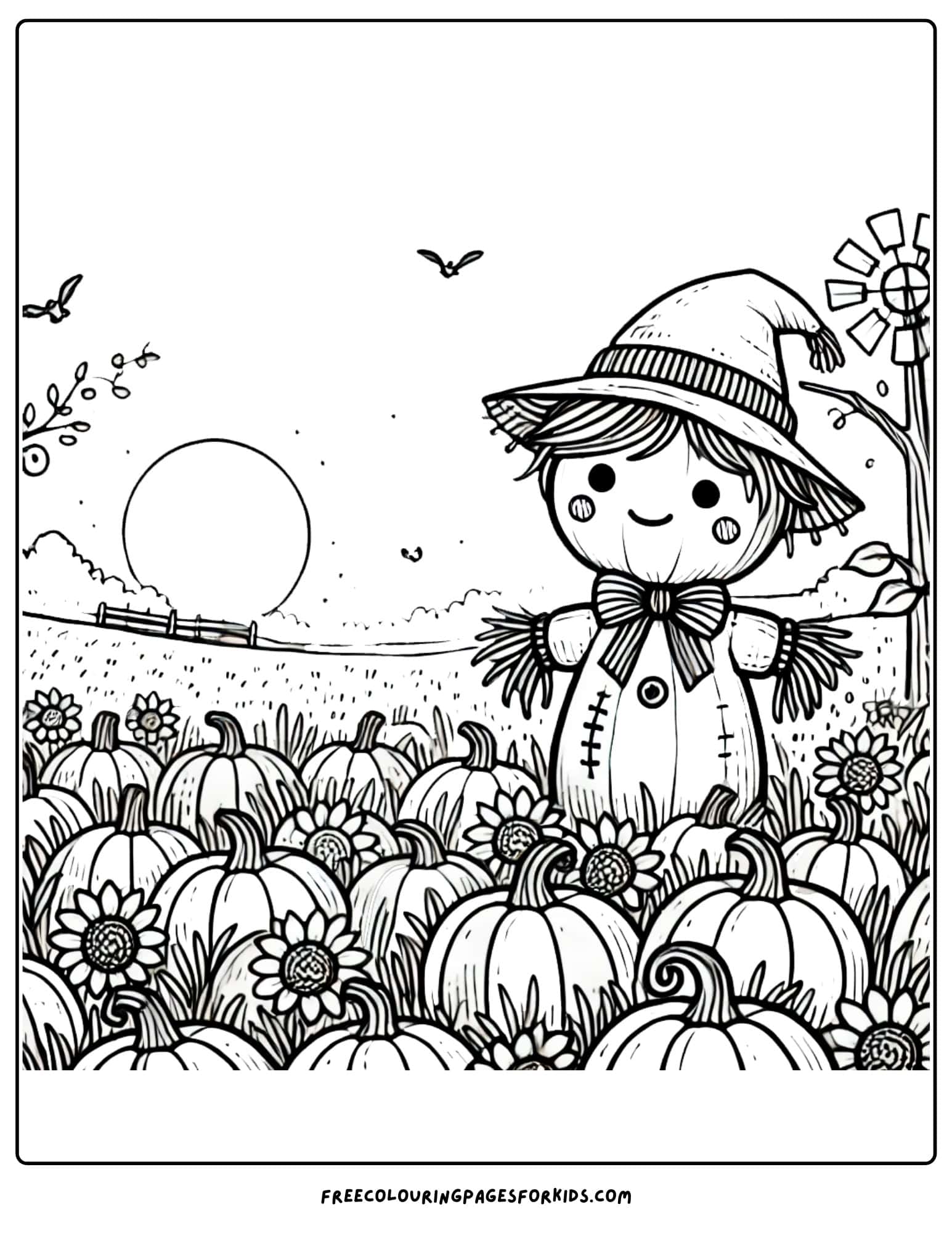 thanksgiving pumpkin patch with scarecrow coloring page