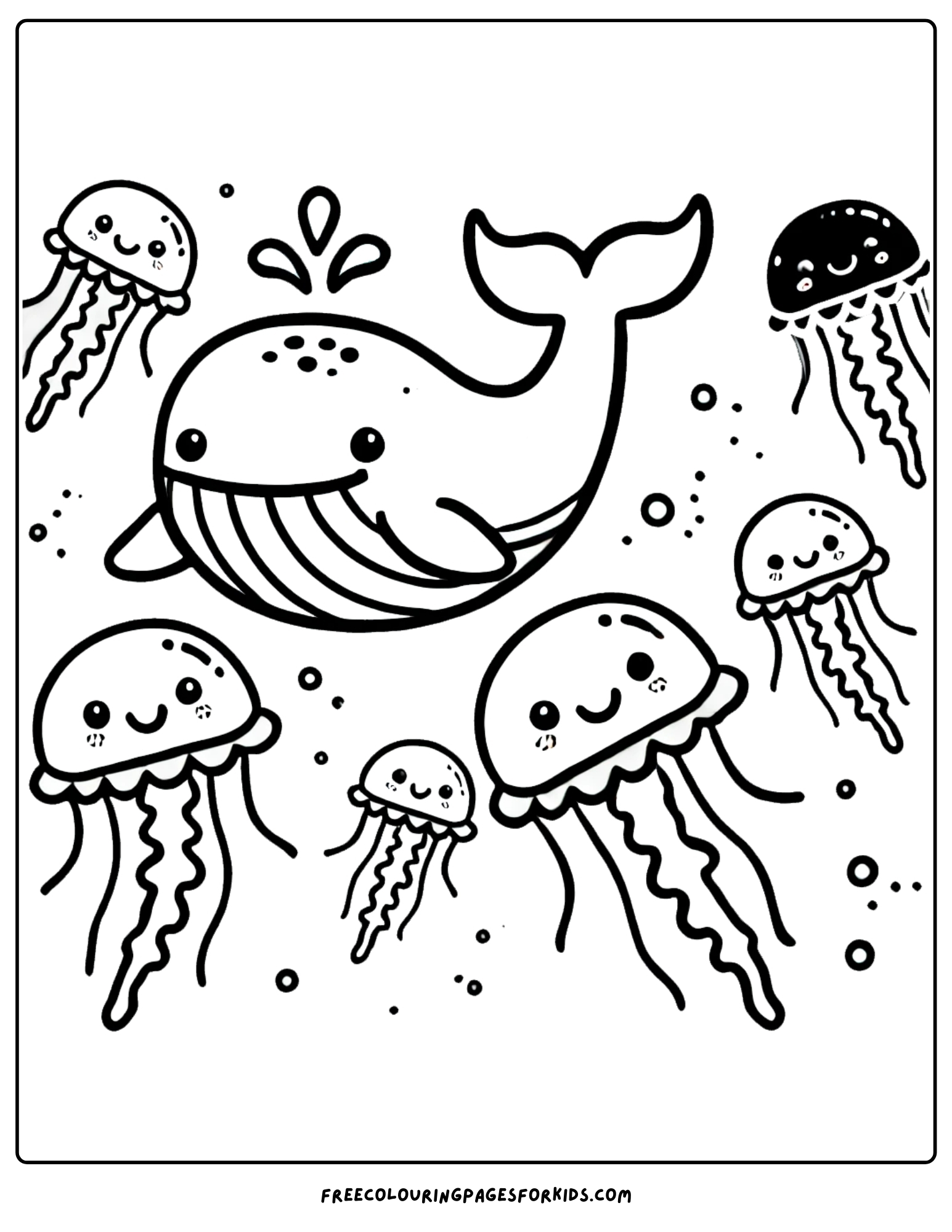 whale swimming with jellyfish coloring page