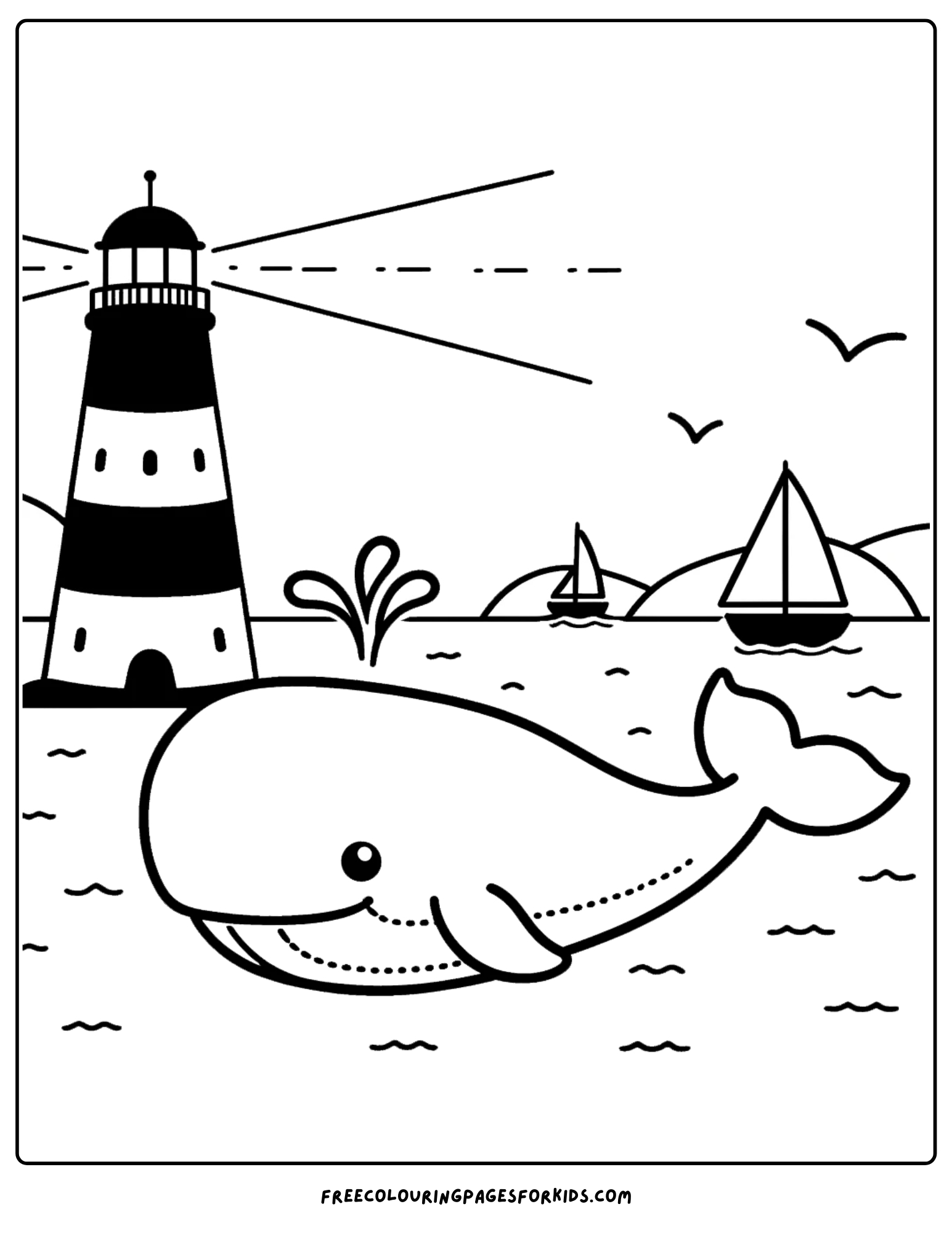 whale swimming past a lighthouse coloring page