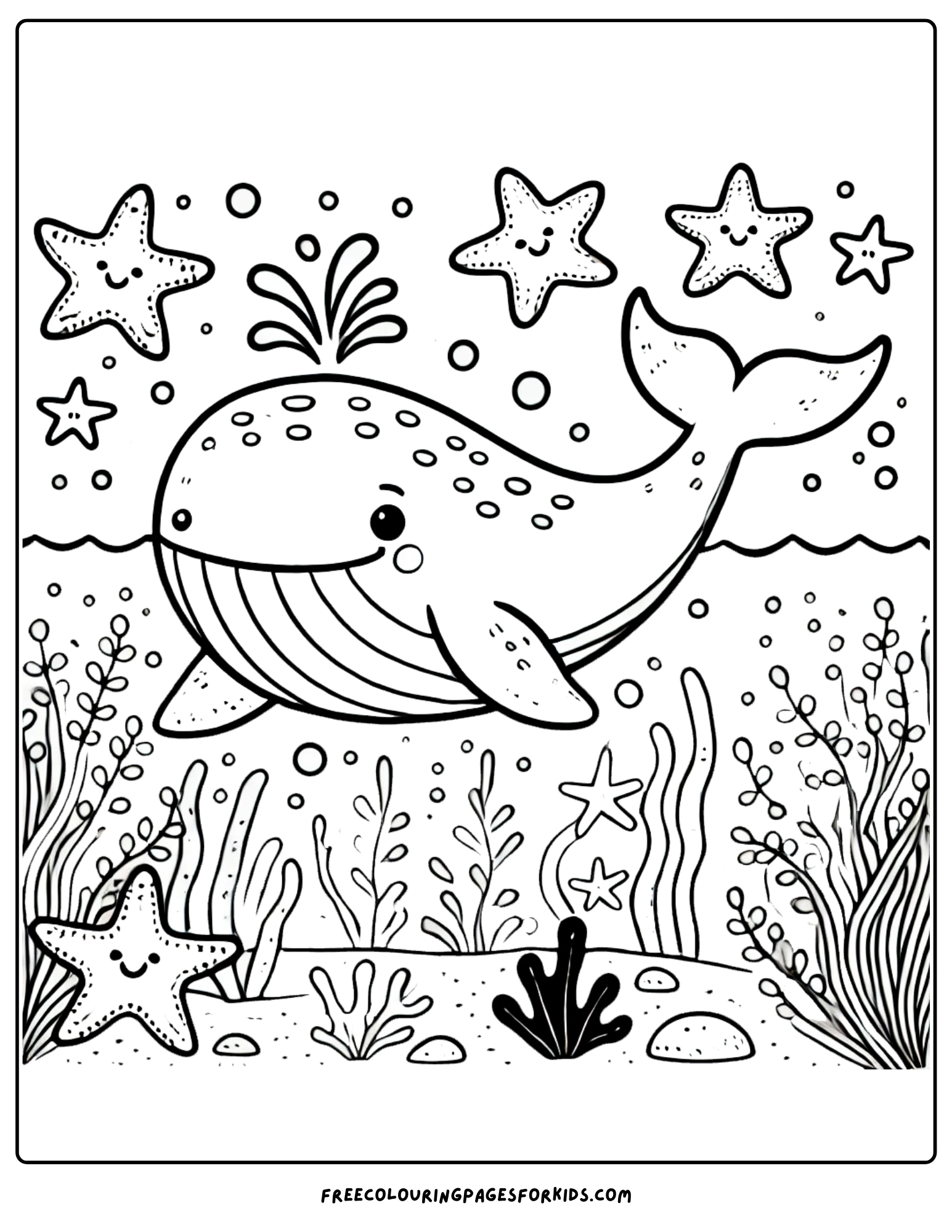 whale and starfish around coloring page