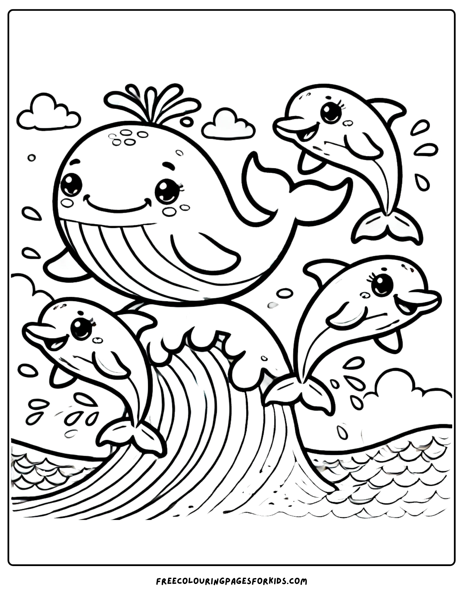 whale riding a wave with dolphins coloring page