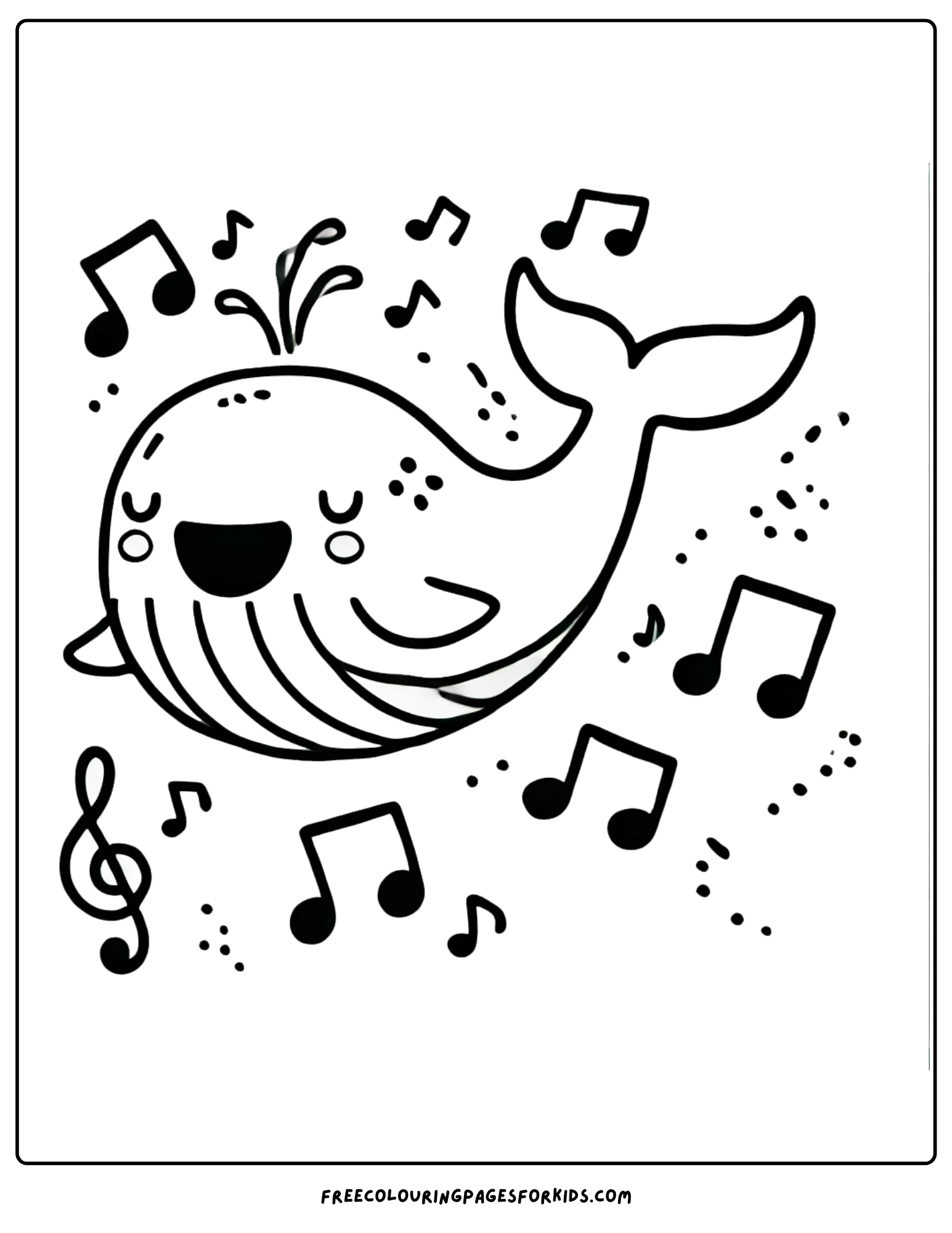 whale sining with music notes around coloring page