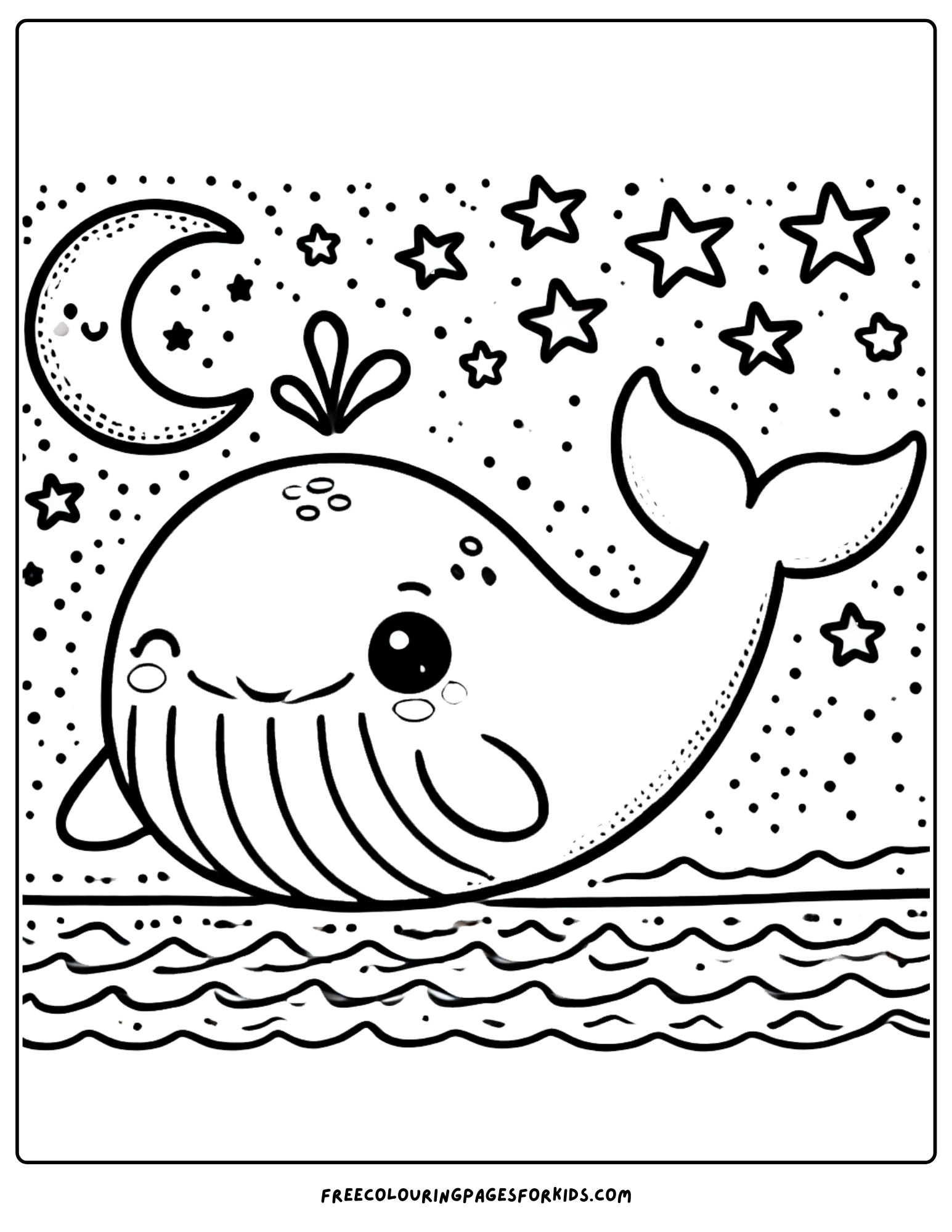 whale swimming under a nights sky coloring page