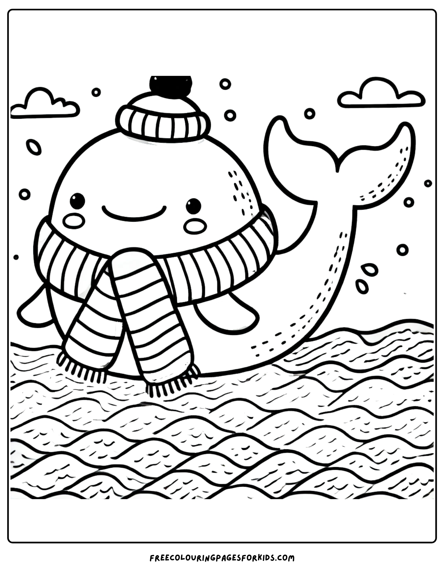 whale wearing a scarf and hat to keep warm coloring page