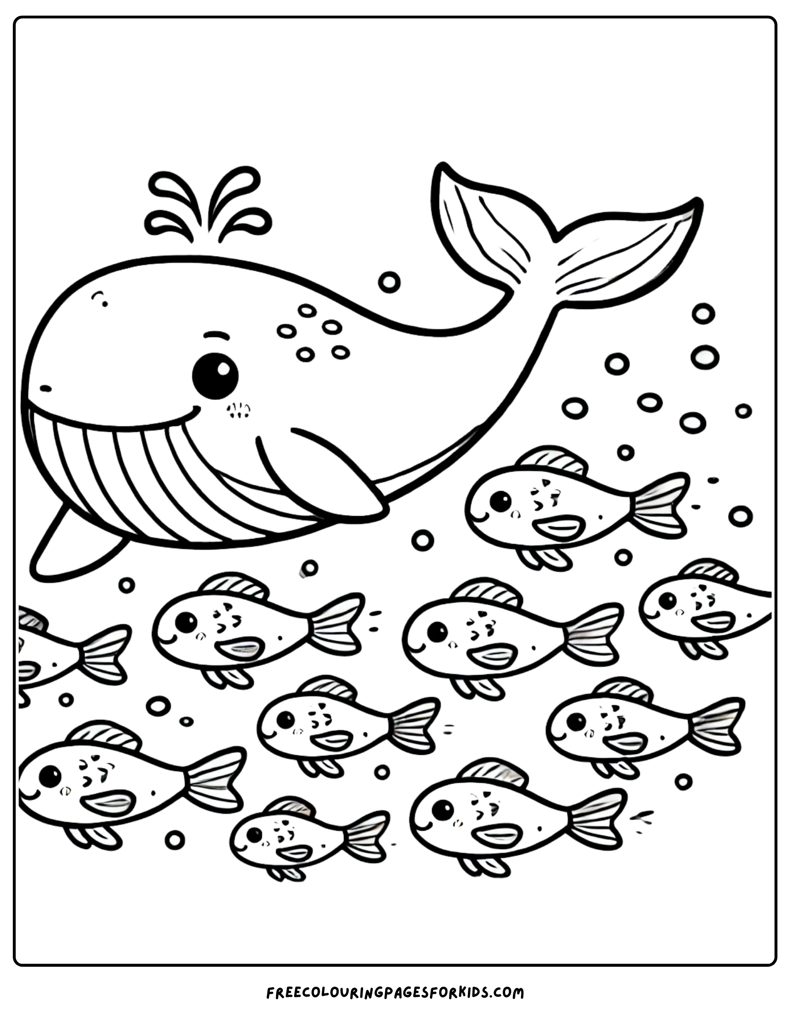 whale swimming with a school of fish coloring page