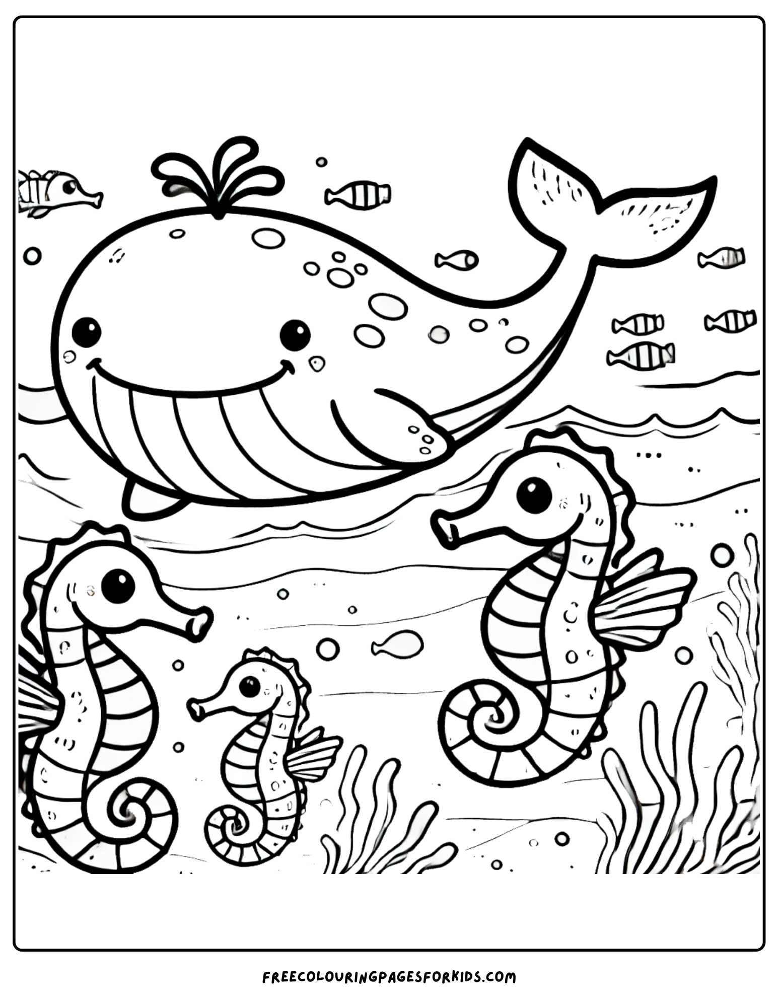 whale swimming with seahorses coloring page