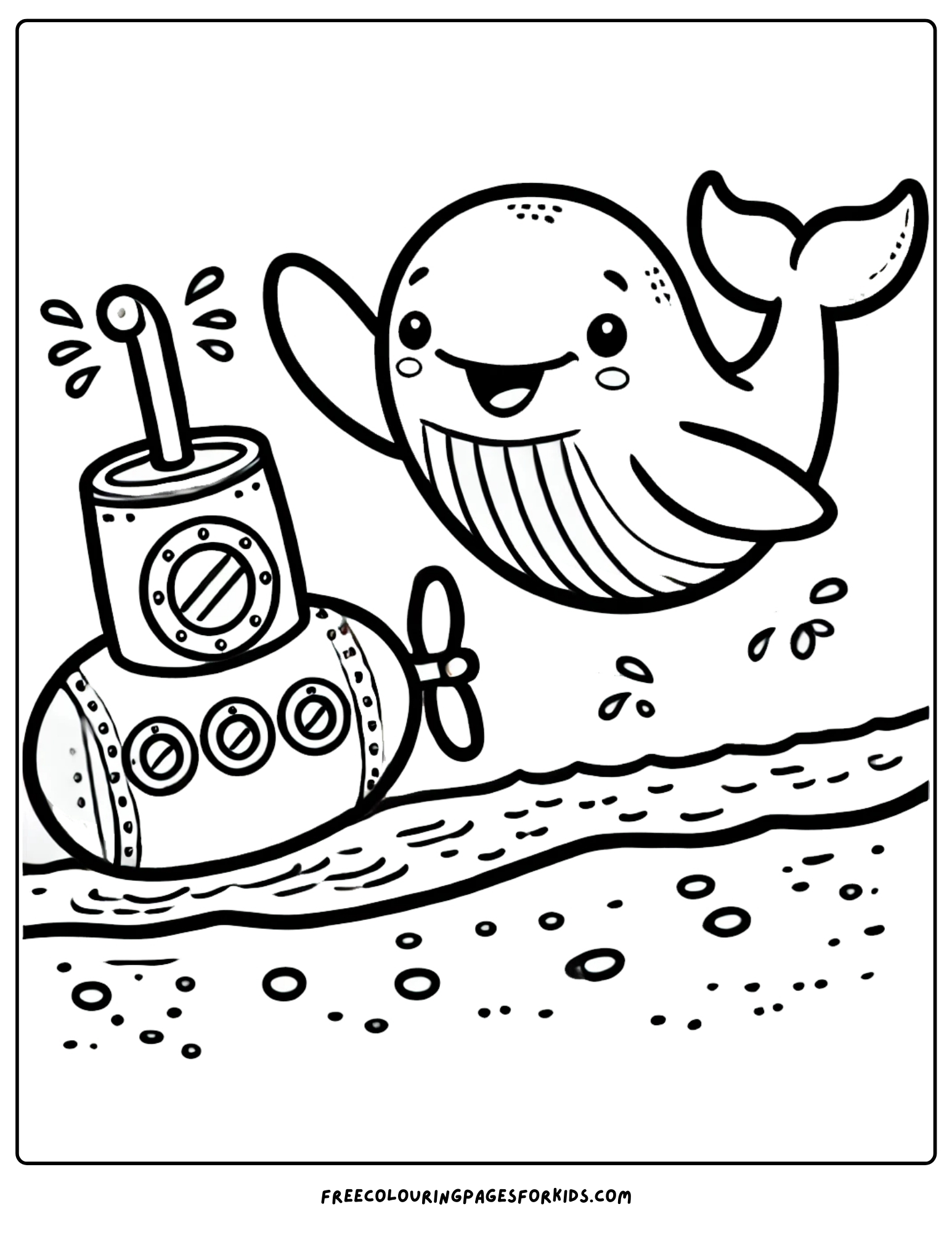 whale waving at a submarine coloring page