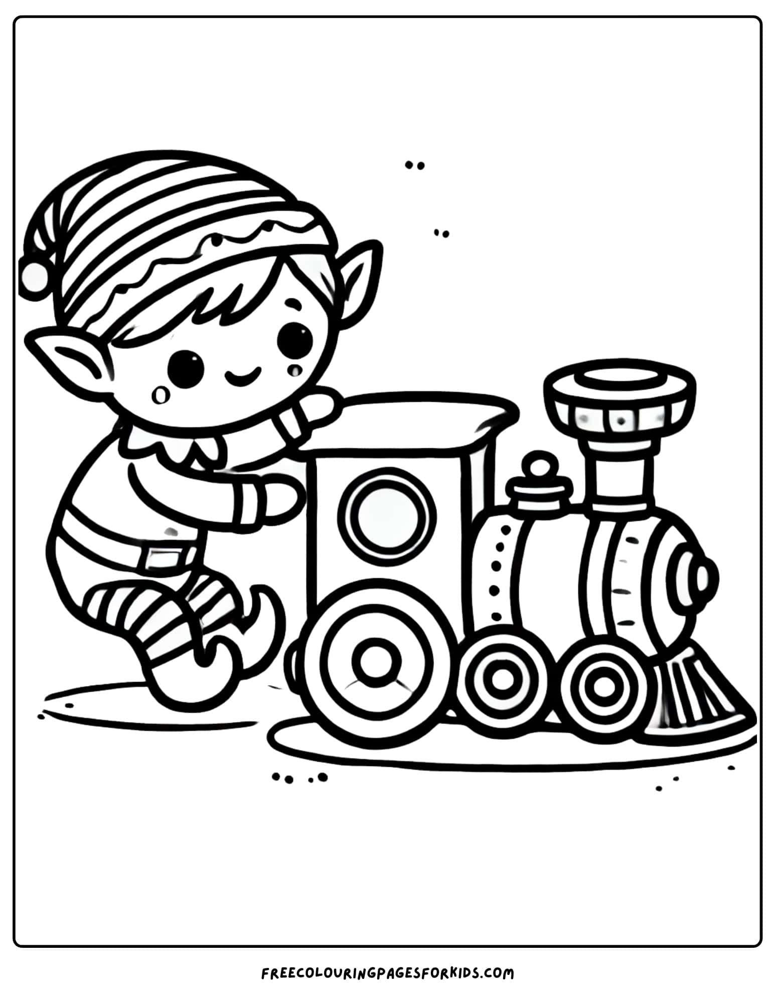 christmas elf playing with a train coloring page