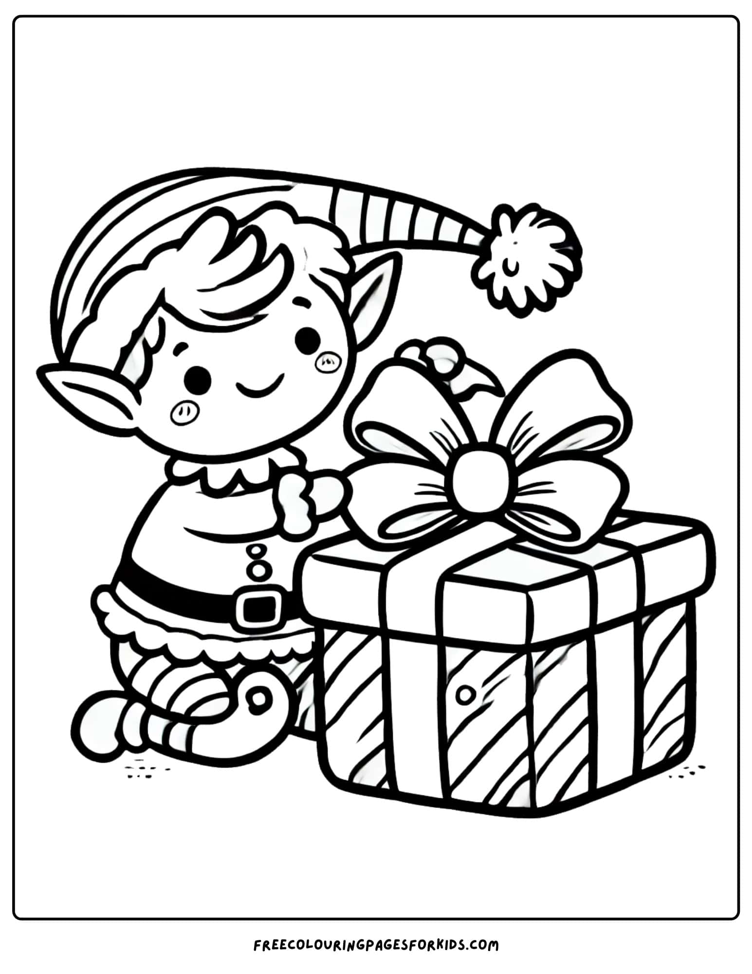 christmas elf wrapping a present coloring page