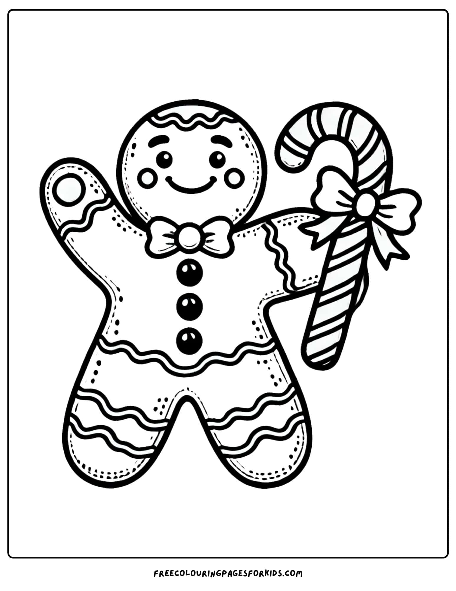 christmas gingerbread man with candy cane coloring page