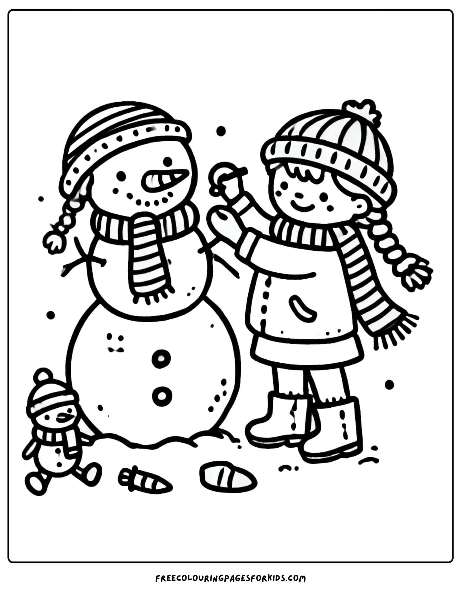 christmas kids building a snowman coloring page