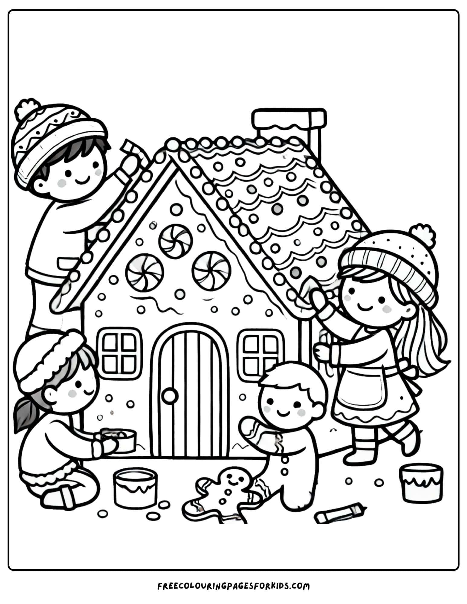 christmas kids decorating a gingerbread house coloring page