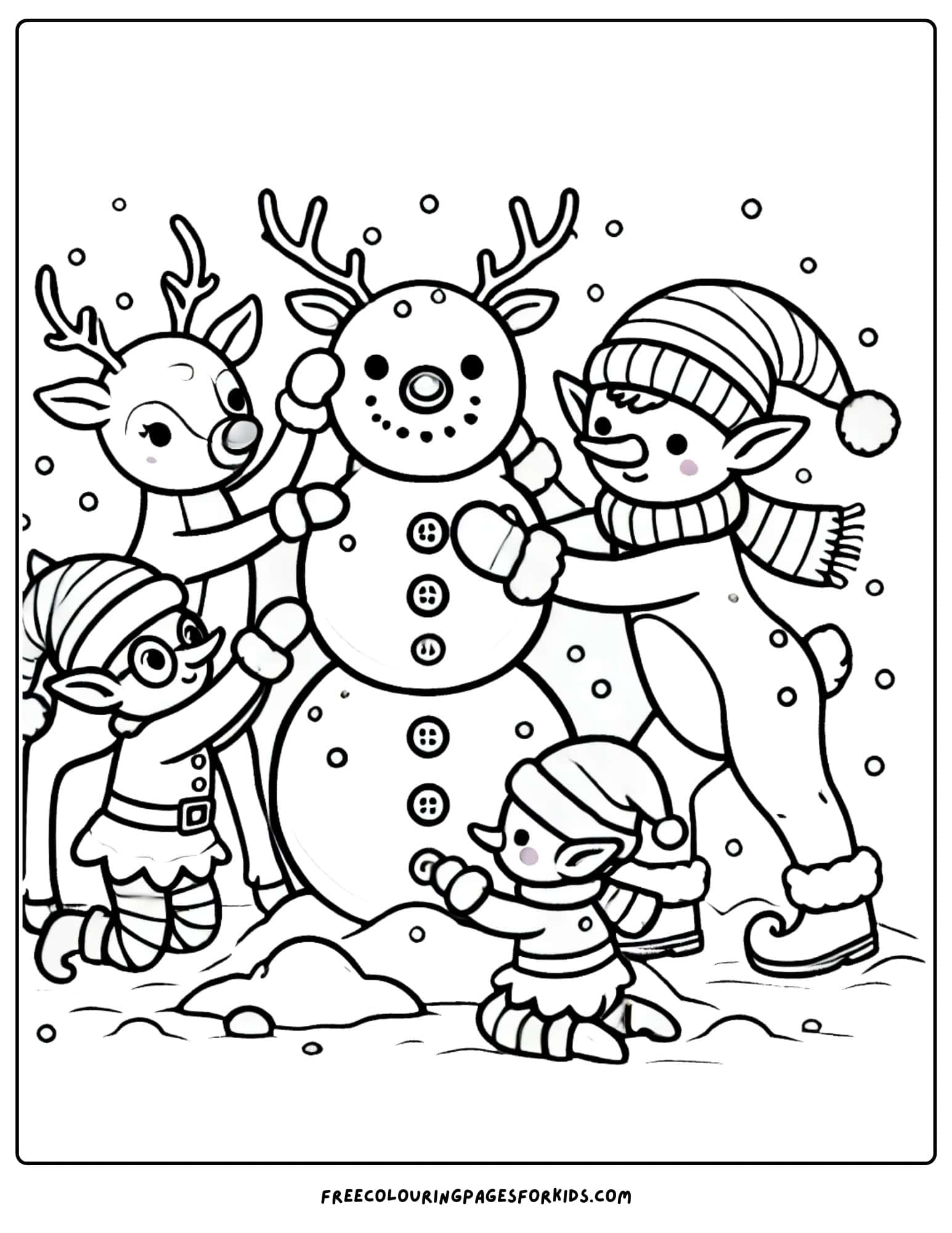 christmas reindeer and elves making a snowman coloring page