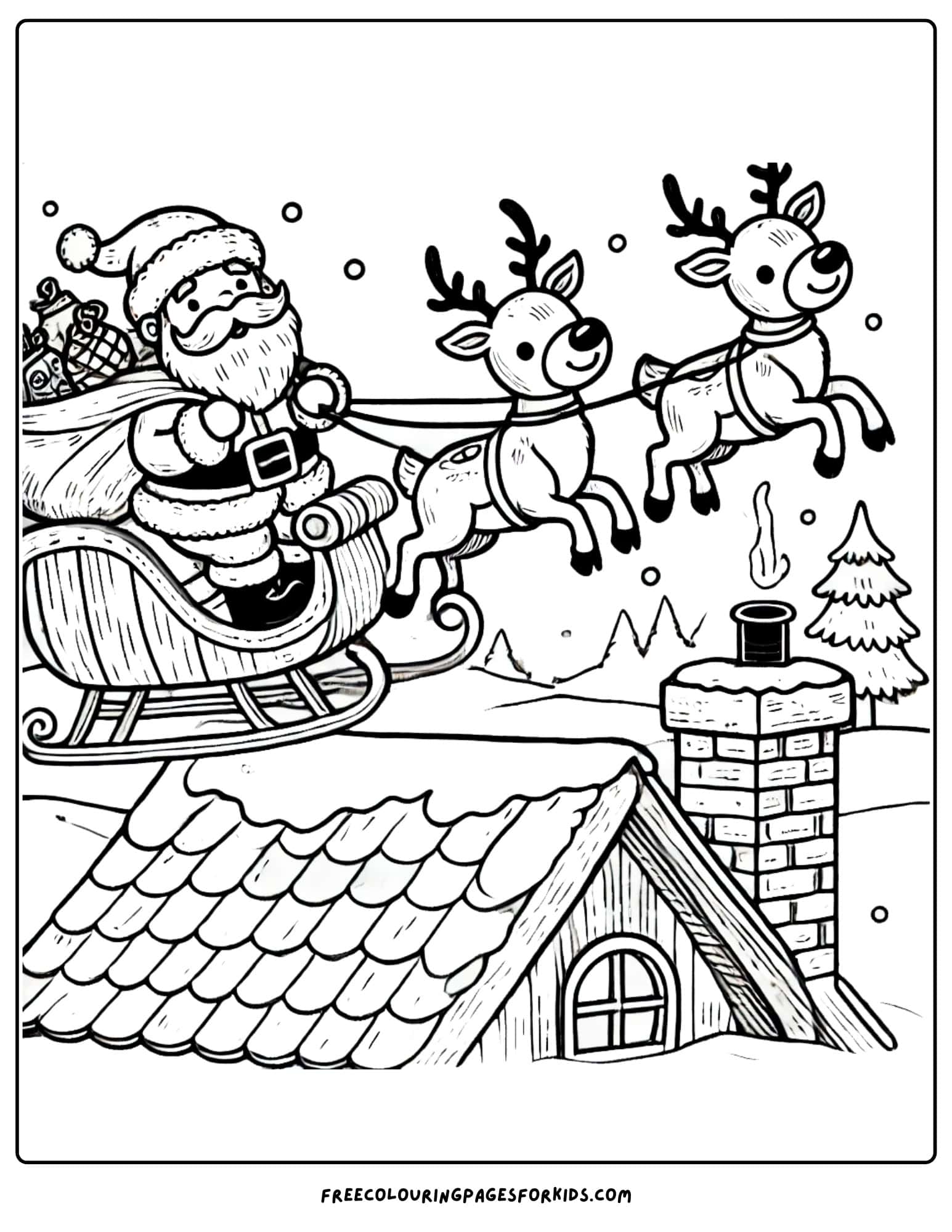 christmas with santa landing on a rooftop coloring page