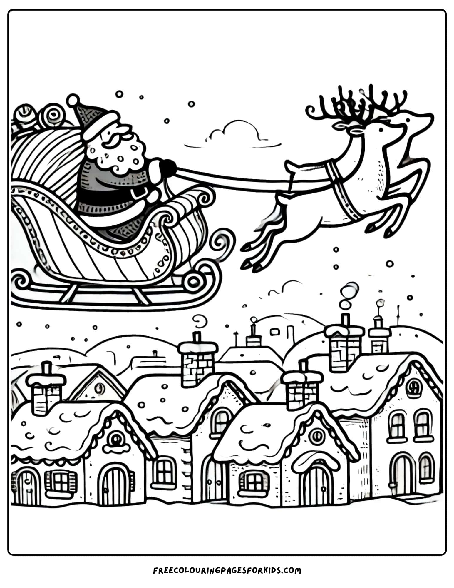 christmas night with santa flying in his sleigh coloring page