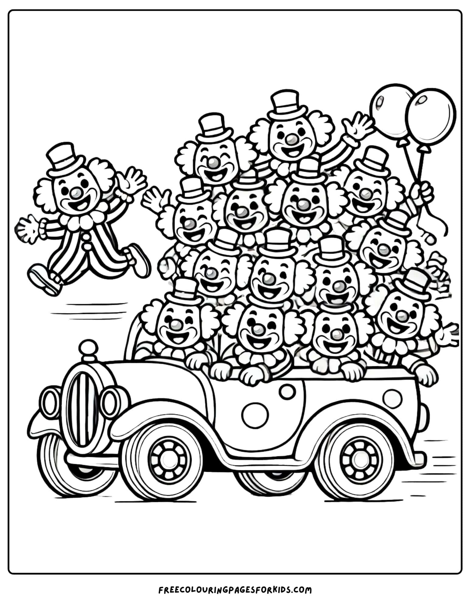 circus clowns in a car coloring page