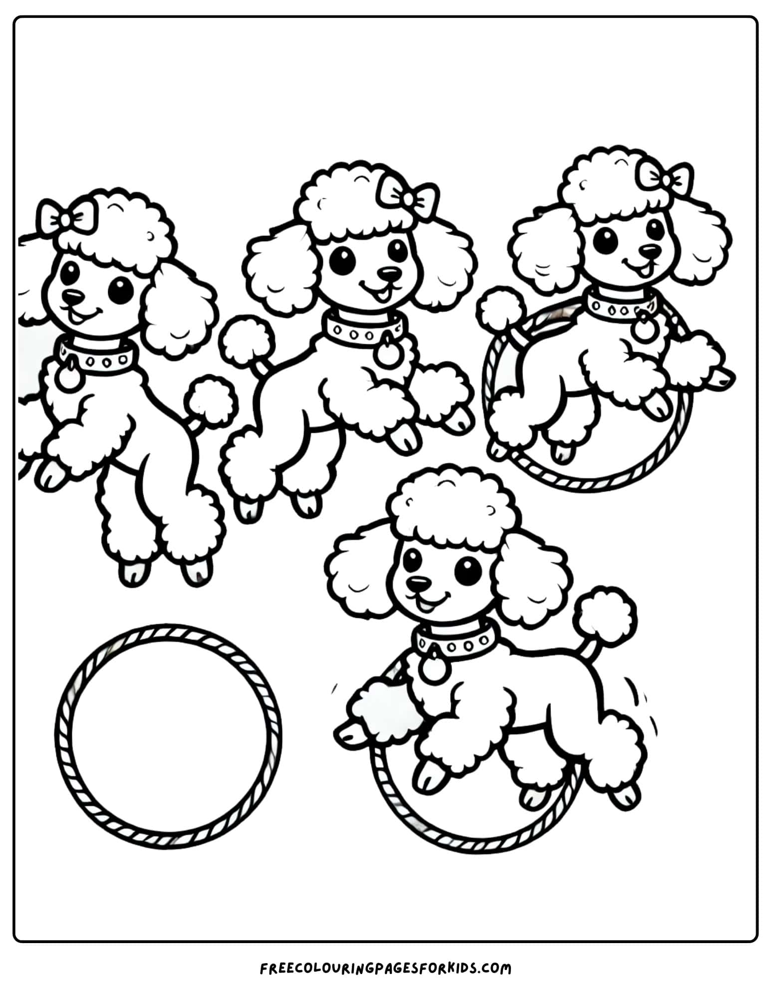 circus poodles jumping through a hoop coloring page