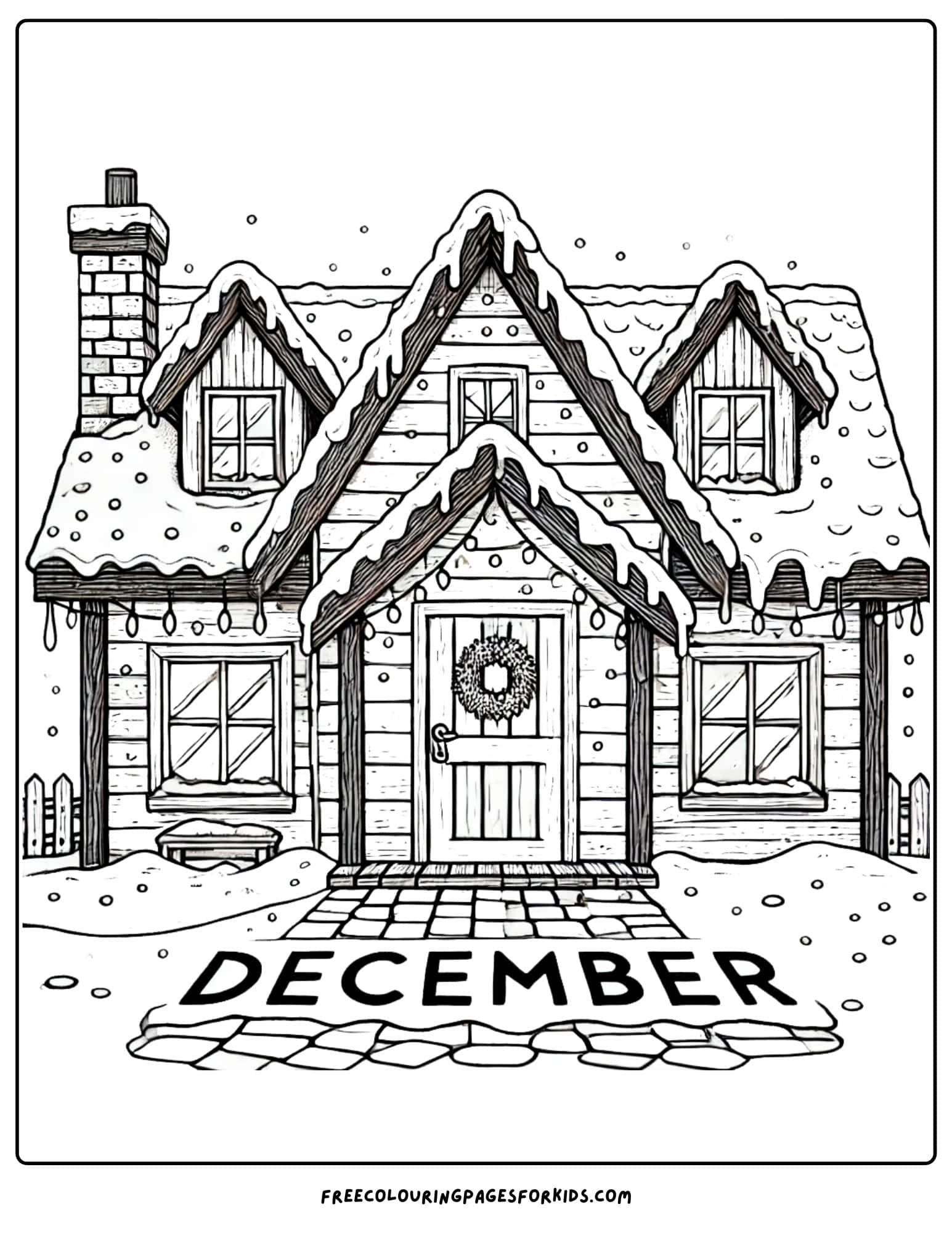 december cozy house with icicles coloring page