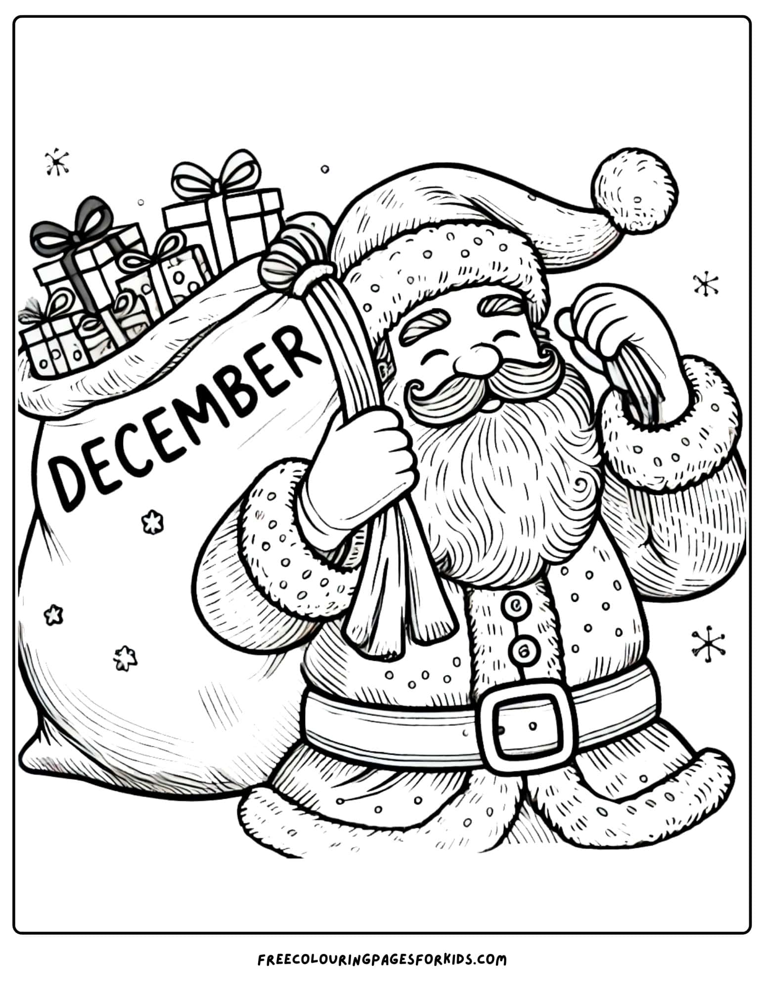 december santa with a bag of presents coloring page