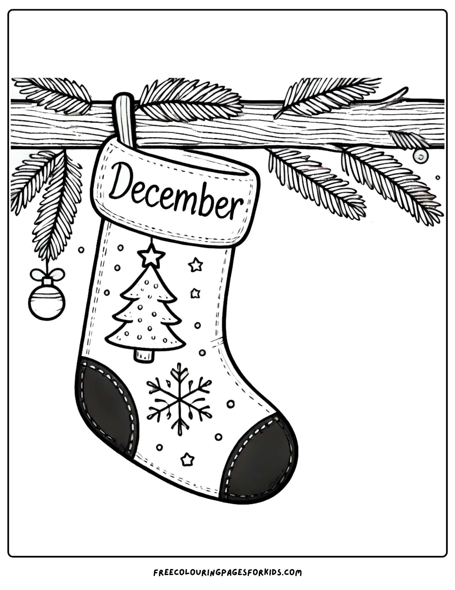 december stocking hanging on a mantel coloring page