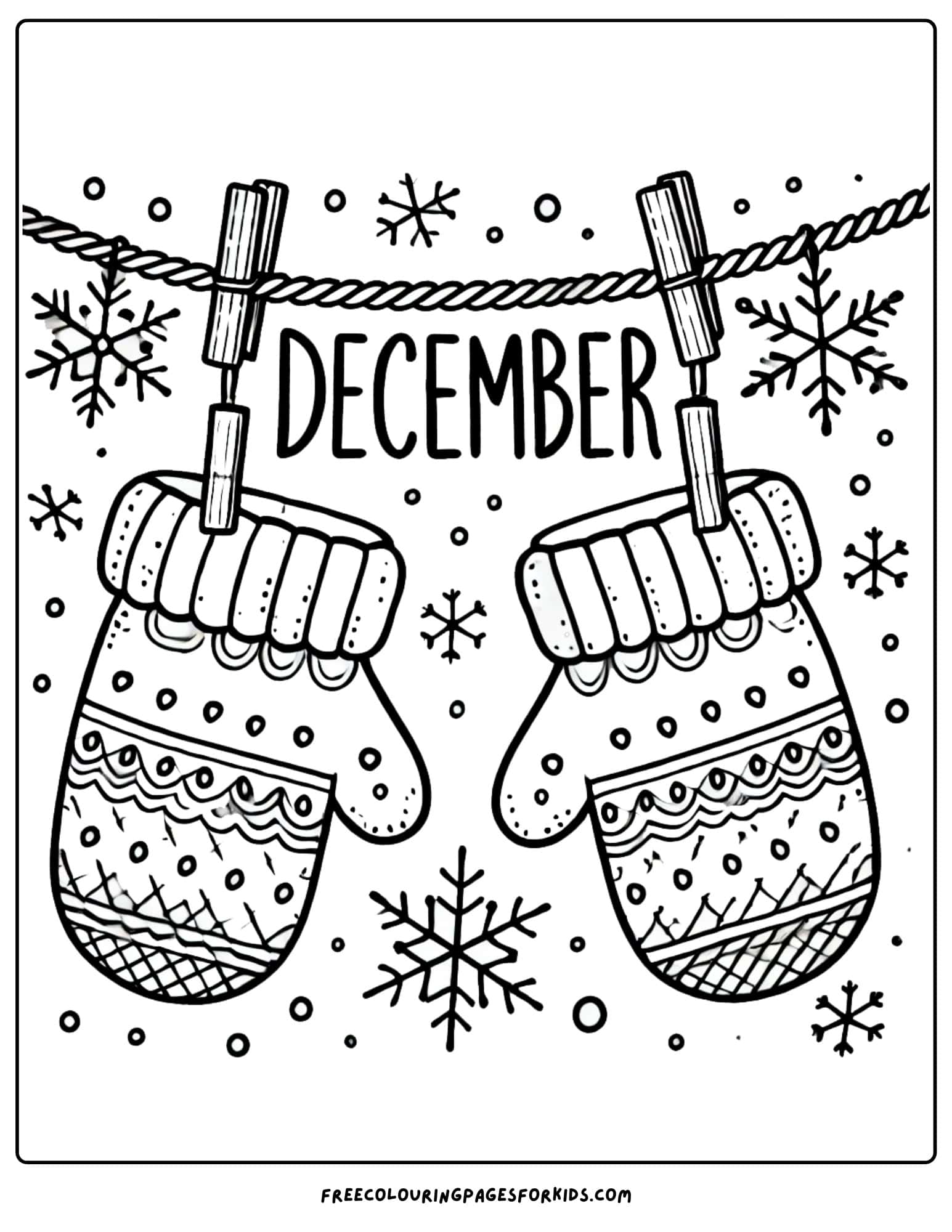 december mittens on aclothesline coloring page