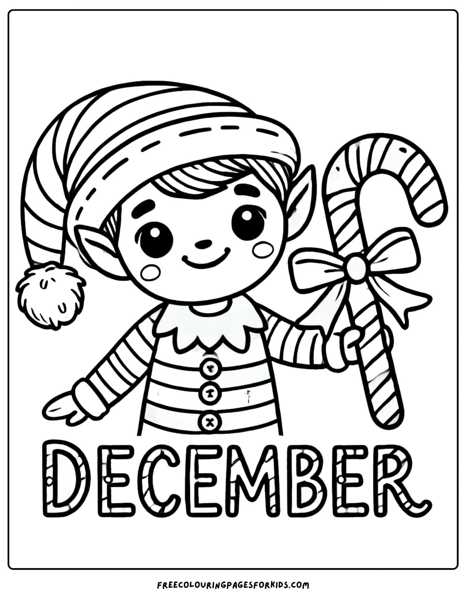 december elf holding a candy cane coloring page