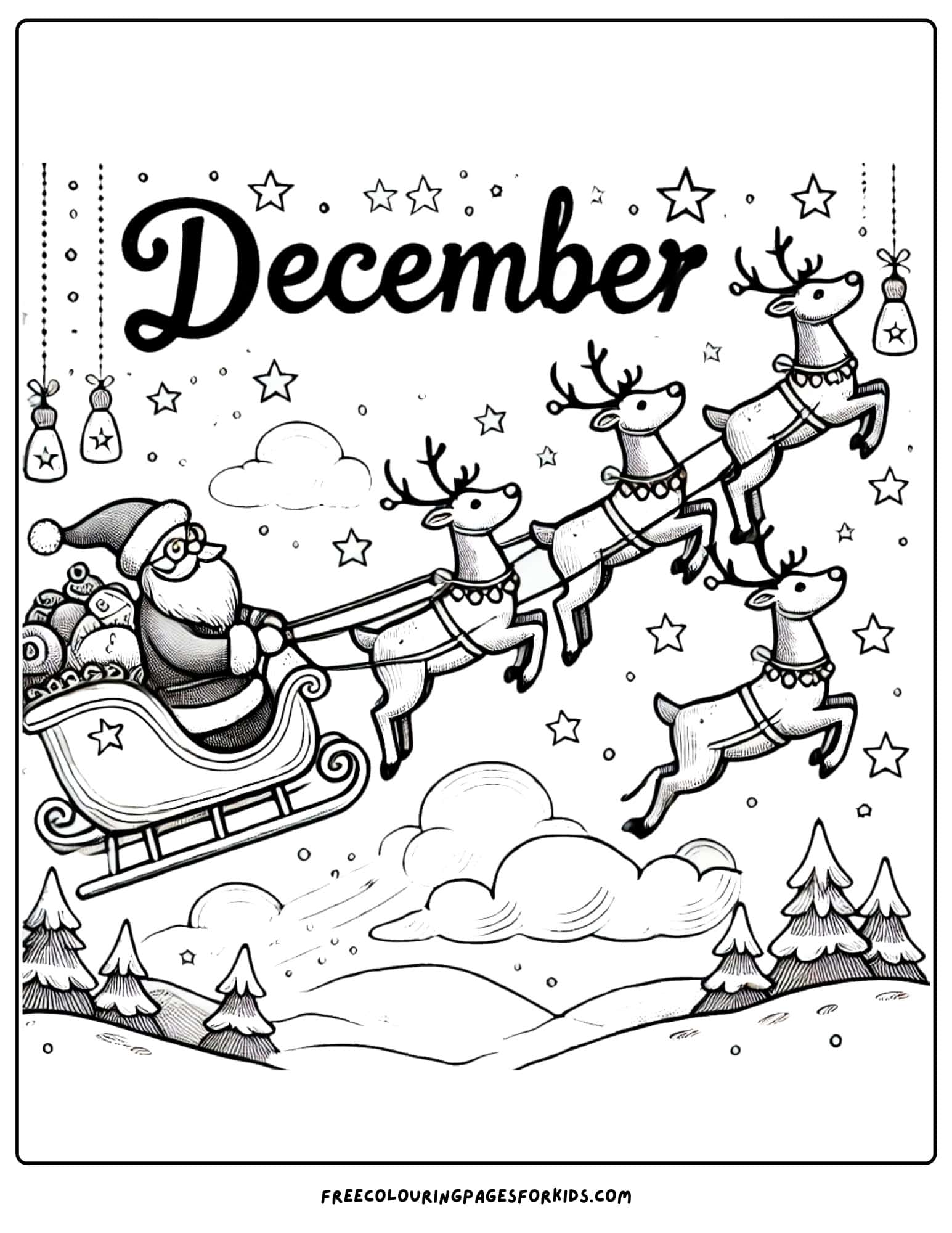 december santa on his sleigh coloring page