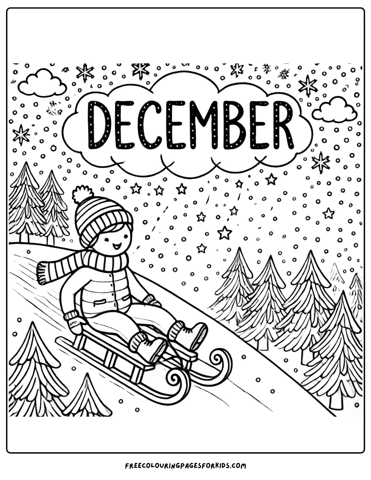 december child sledding coloring page