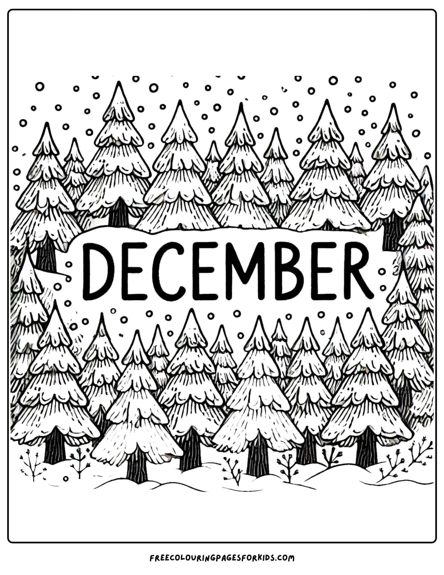 december snowy pine trees coloring page