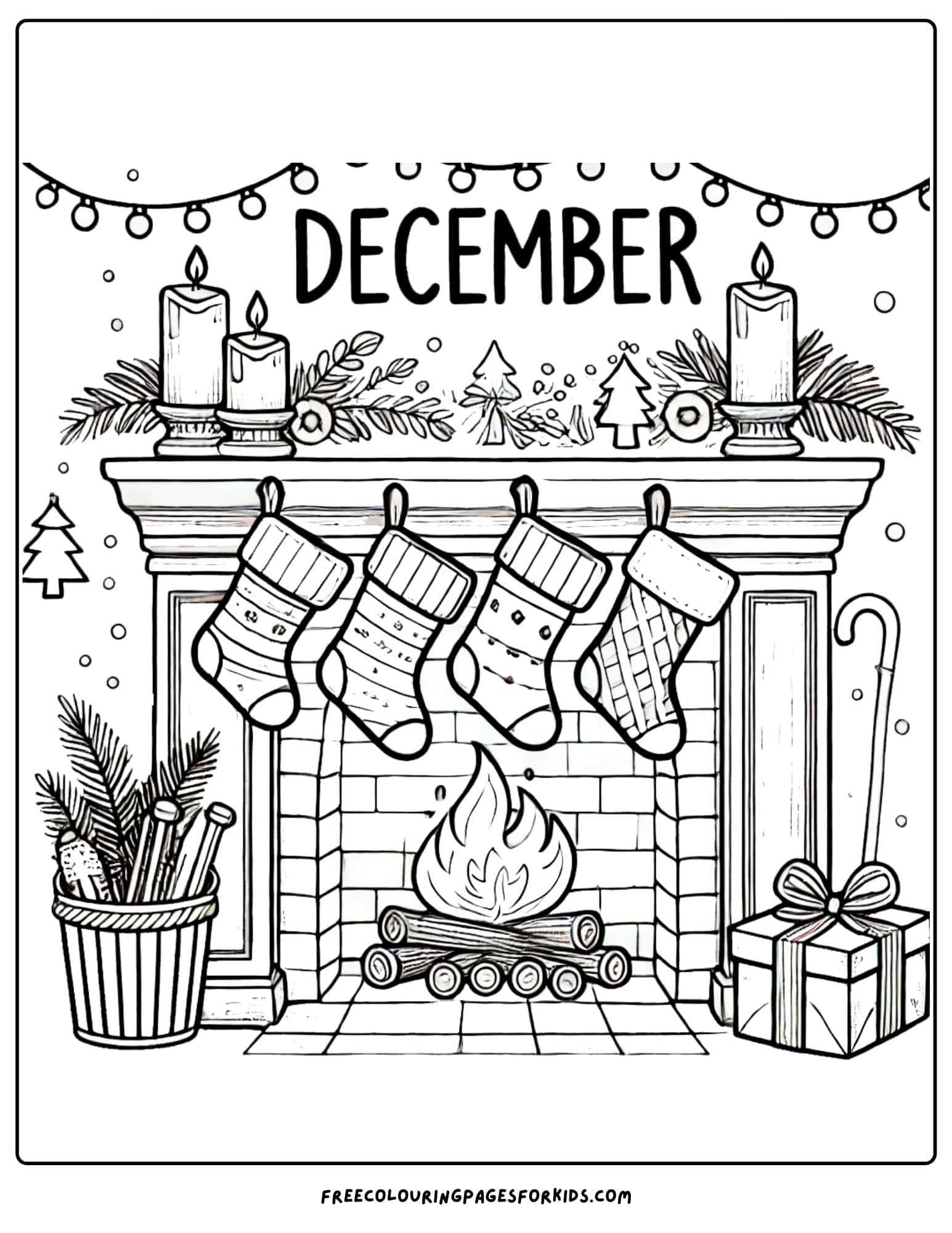 december fireplace with stockings coloring page