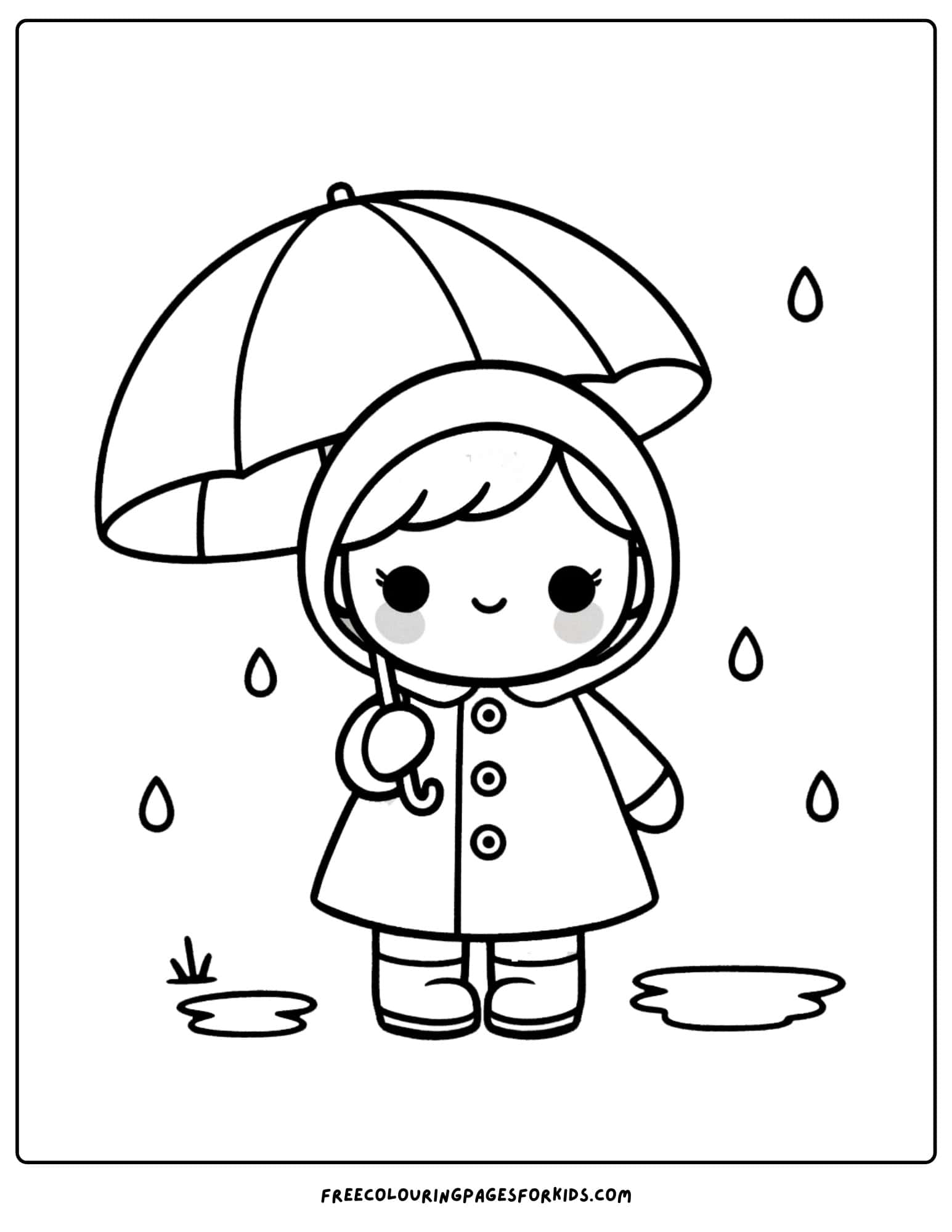 doll wearing raincoat and holding an umbrella coloring page