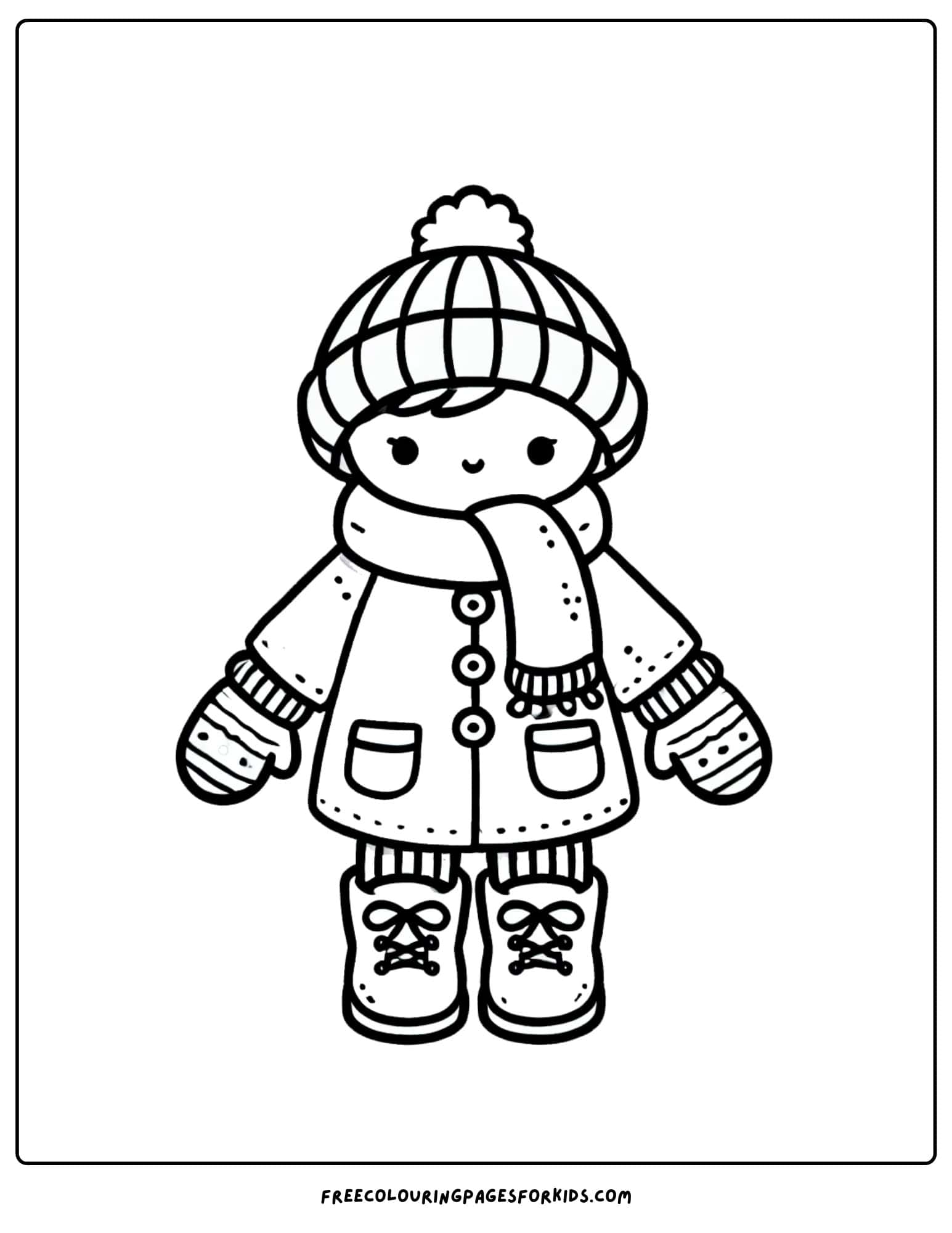 doll wearing a winter coat coloring page