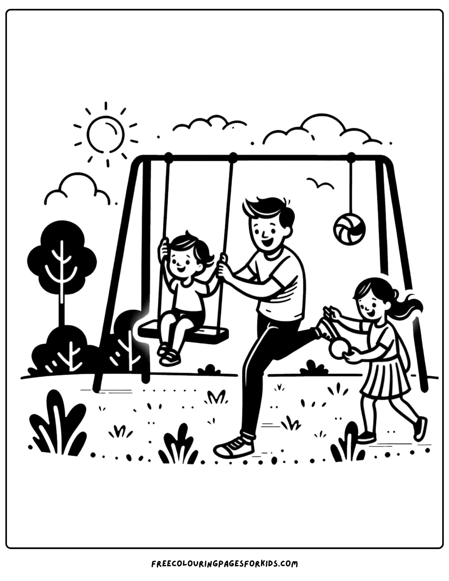 family on the swings at a park coloring page